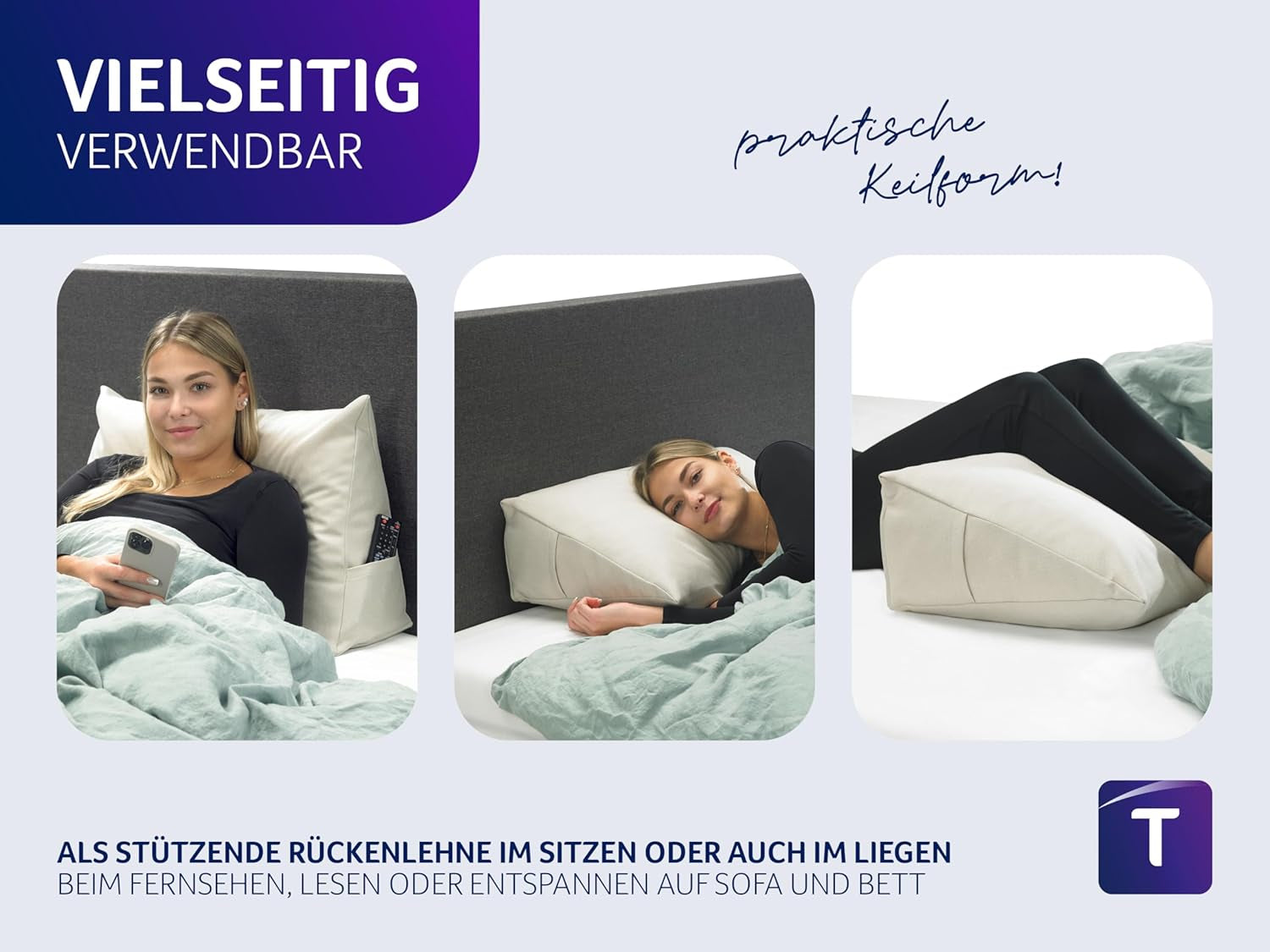 Traumnacht Cosy Rygpude, læsepude, 70 x 40 cm beige, aftageligt og vaskbart betræk af 100% polyester, praktisk sidelomme, Øko-Tex certificeret, produceret efter tyske kvalitetsstandarder