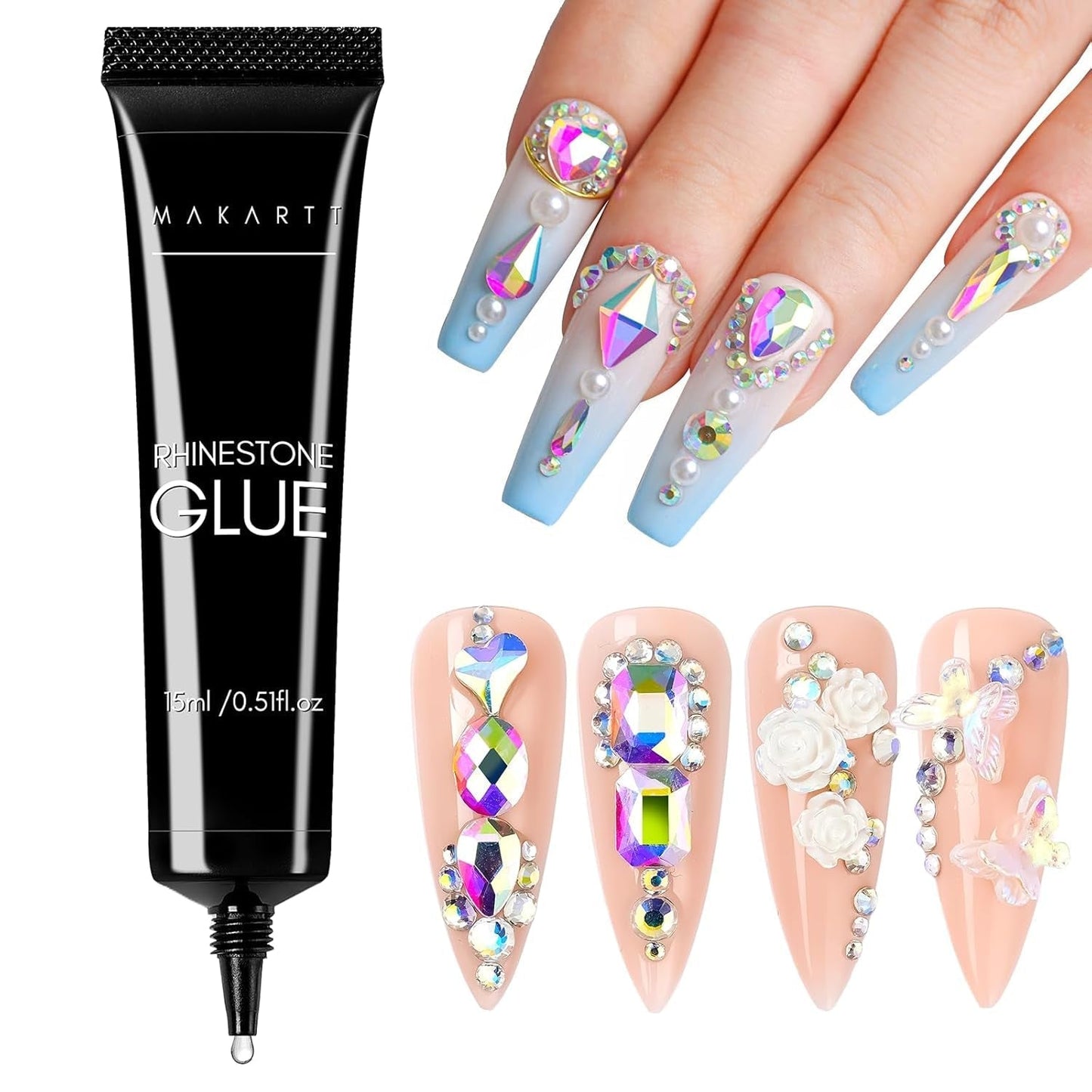 Makartt Rhinestone selvklæbende gel - 15 ml UV-neglelimsæt med lyserøde negle charms Hjertecirkel neglesmykker og negledesigntilbehør til hjemmemanicure Valentinsdagsgave