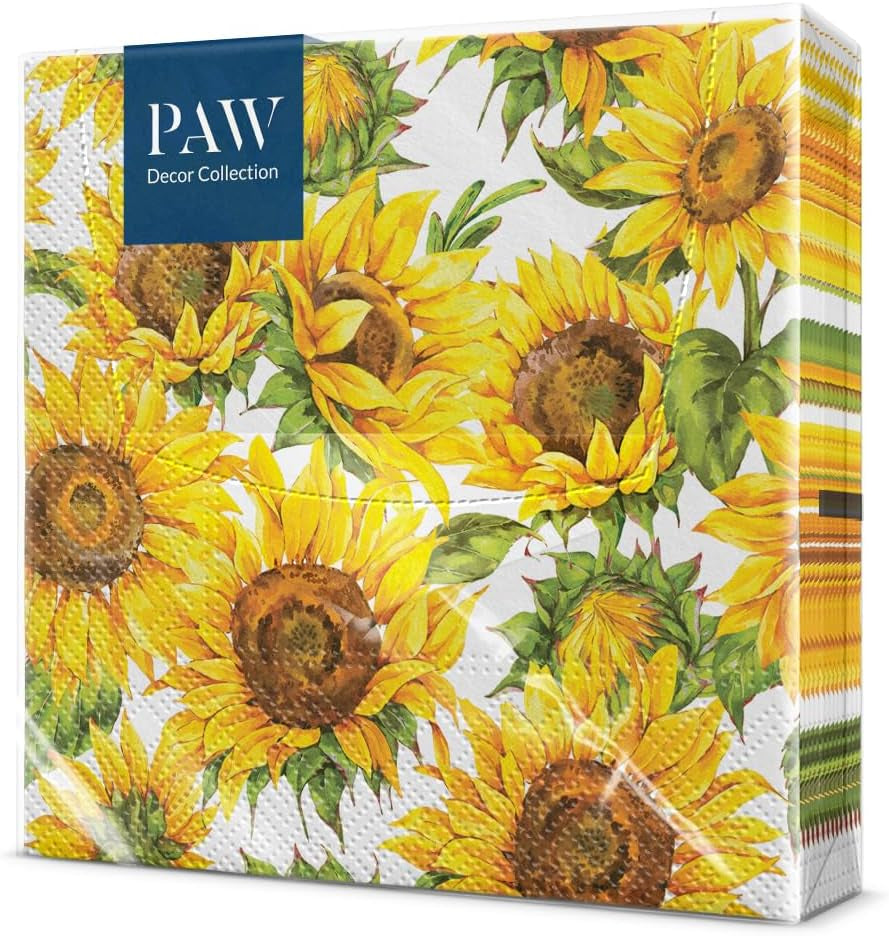 PAW - 3-lags servietter (33 X 33 Cm) I 20 stykker I Perfekt til fødselsdage, fester, datoer I Efterårsbordpynt I Farverige papirservietter - Solsikkegule kronblade I Dansende solsikke