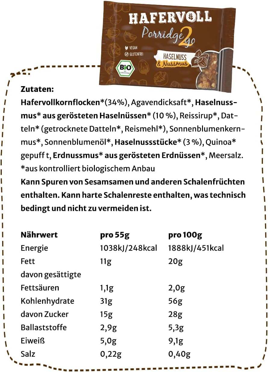Hafervoll Porridge2go jordnøddesmør og nødder, 13 barer x 55 g - vegansk, økologisk, glutenfri, uden tilsat sukker snack, med havre, dadler og quinoaslik