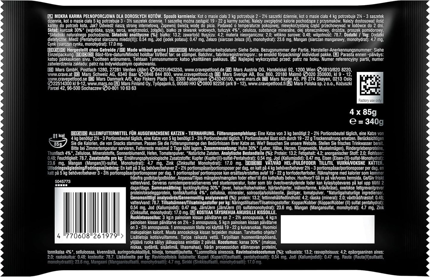 CRAVE Katze Portionsbeutel Multipack Sauce med Tun 13 x 4x85g
