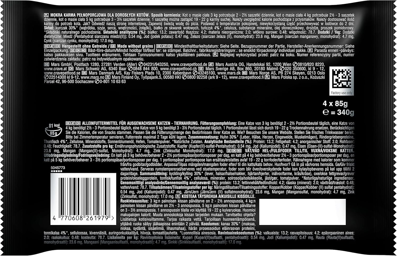 CRAVE Katze Portionsbeutel Multipack Sauce med Tun 13 x 4x85g