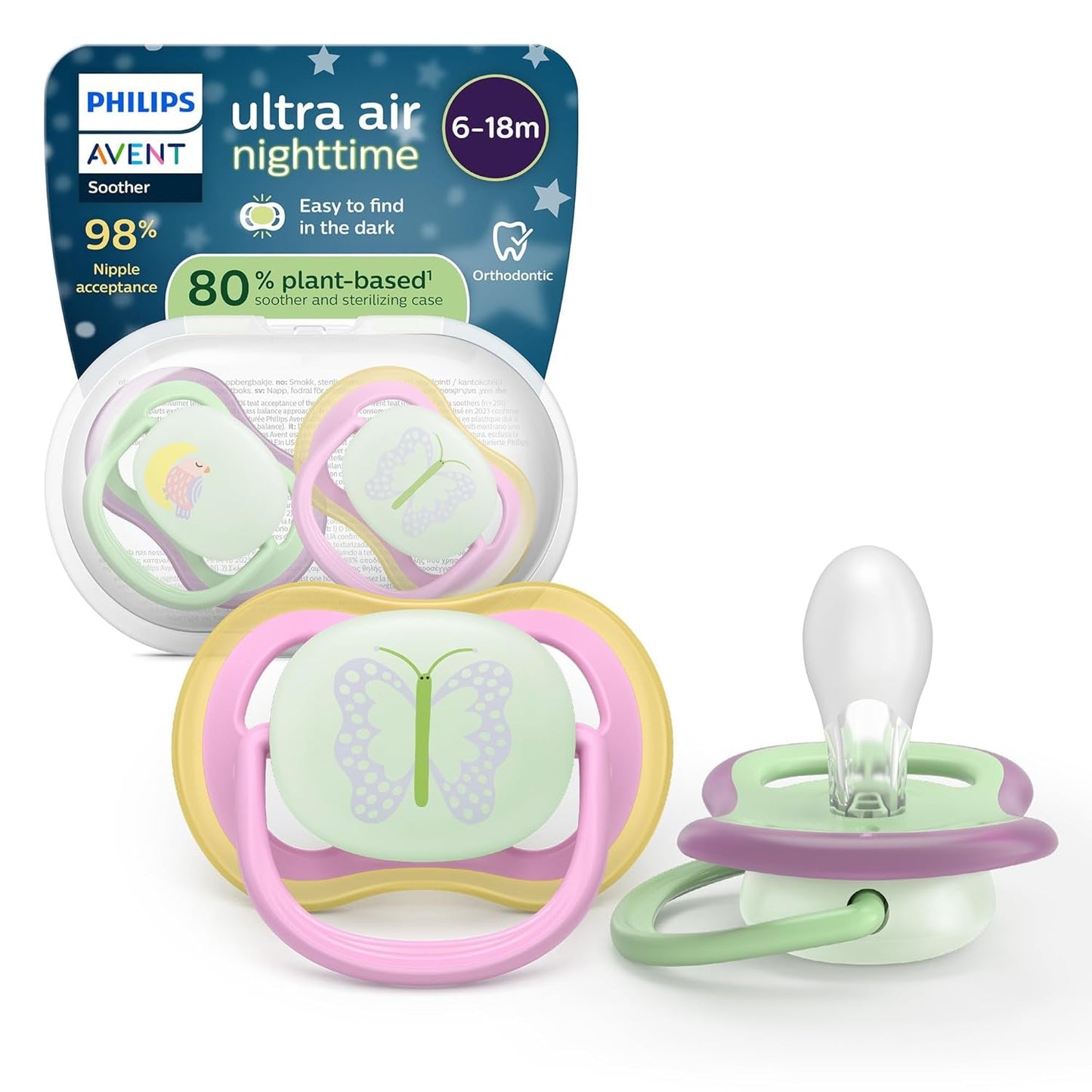 Philips AVENT ultraluftsutter - pakke med 4 BPA-fri, åndbare sutter til babyer 6-18 måneder, inklusive bæretaske og sterilisering, skildpadde/hvalmønster (model SCF085/66)
