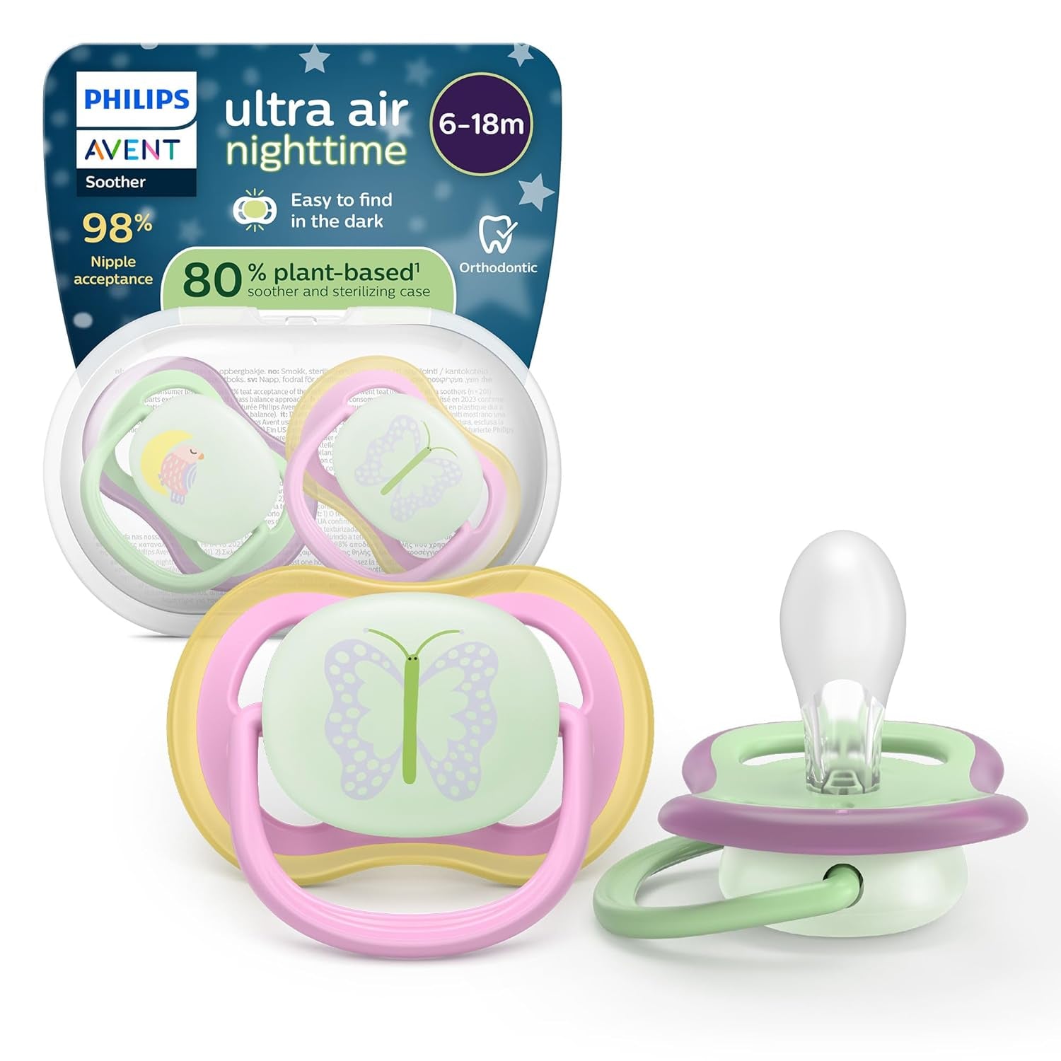 Philips AVENT ultraluftsutter - pakke med 4 BPA-fri, åndbare sutter til babyer 6-18 måneder, inklusive bæretaske og sterilisering, skildpadde/hvalmønster (model SCF085/66)