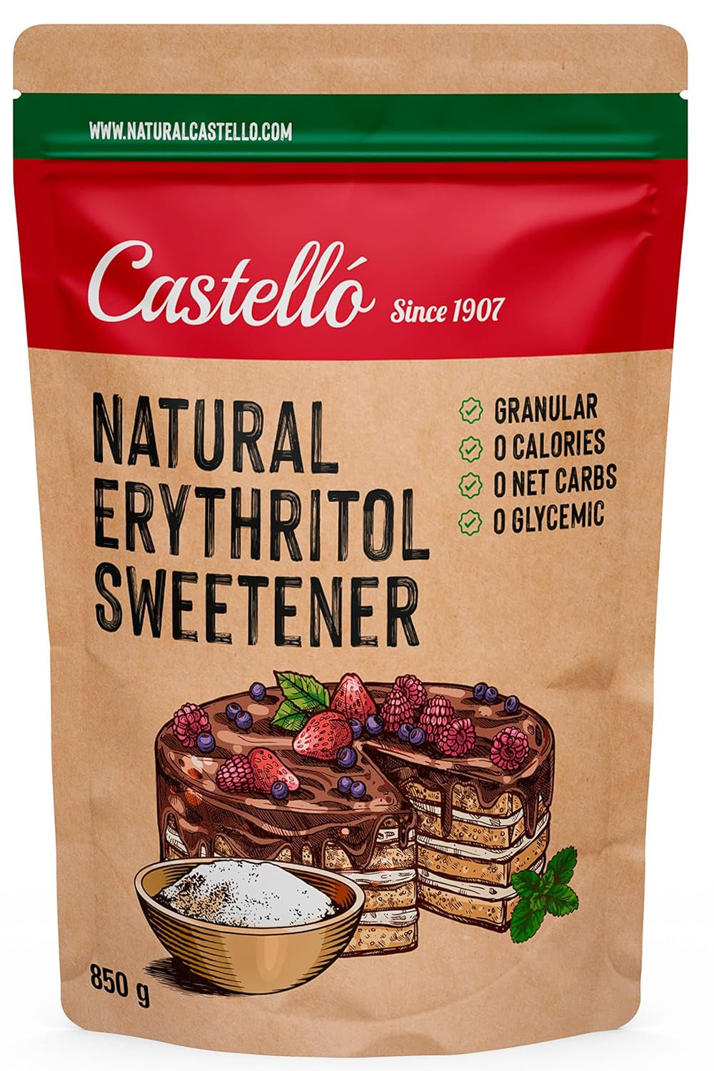 Natürliches Erythrit - Kristallzucker | 10G = 7G Zucker | Natürlicher Zuckerersatz - 0 Kalorien - 0 Glykämischer Index - Keto Und Paleo - 0 Netto-Kohlenhydrat - Kein GVO - Castello siden 1907-1 kg sødemidler Naty Shop 850 G (1Er Pack)