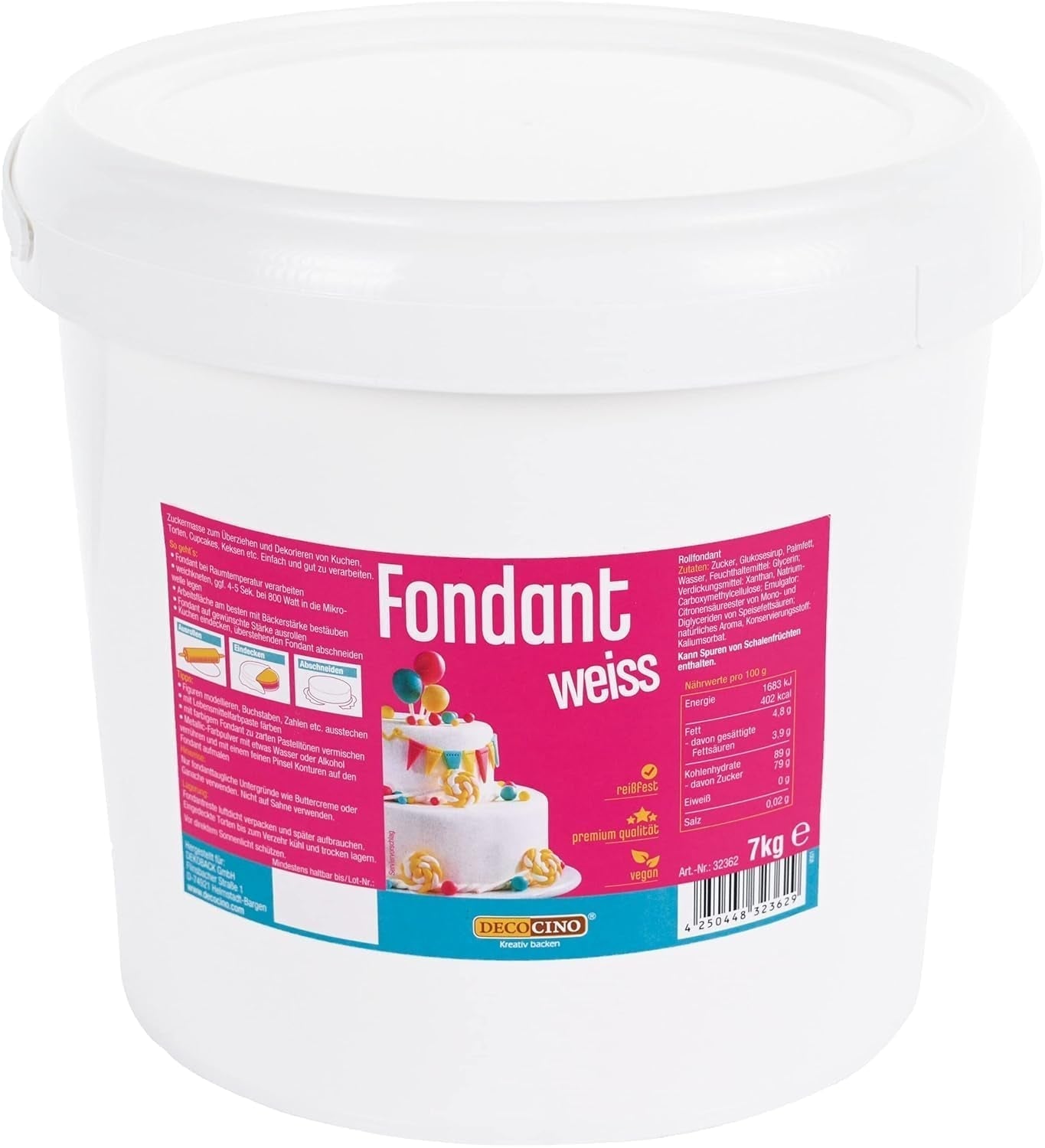 DECOCINO hvid fondant - værdipakke på 7 kg - ideel til dekoration af kager, tærter, cake pops - vegansk og laktosefri Naty Shop Sugar Paste 7 Kg