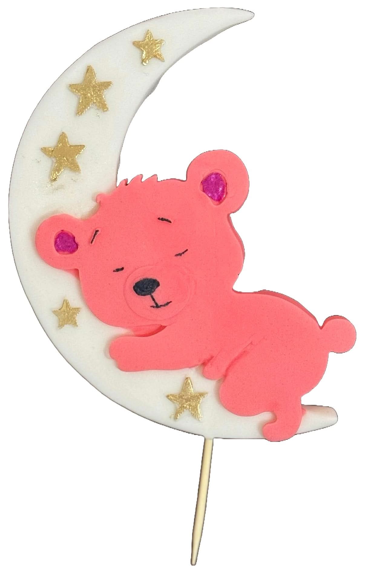 Spiselig sukkerdekoration, Pink bamse på månen Dekorationer fra Sugar Paste Nati Shop