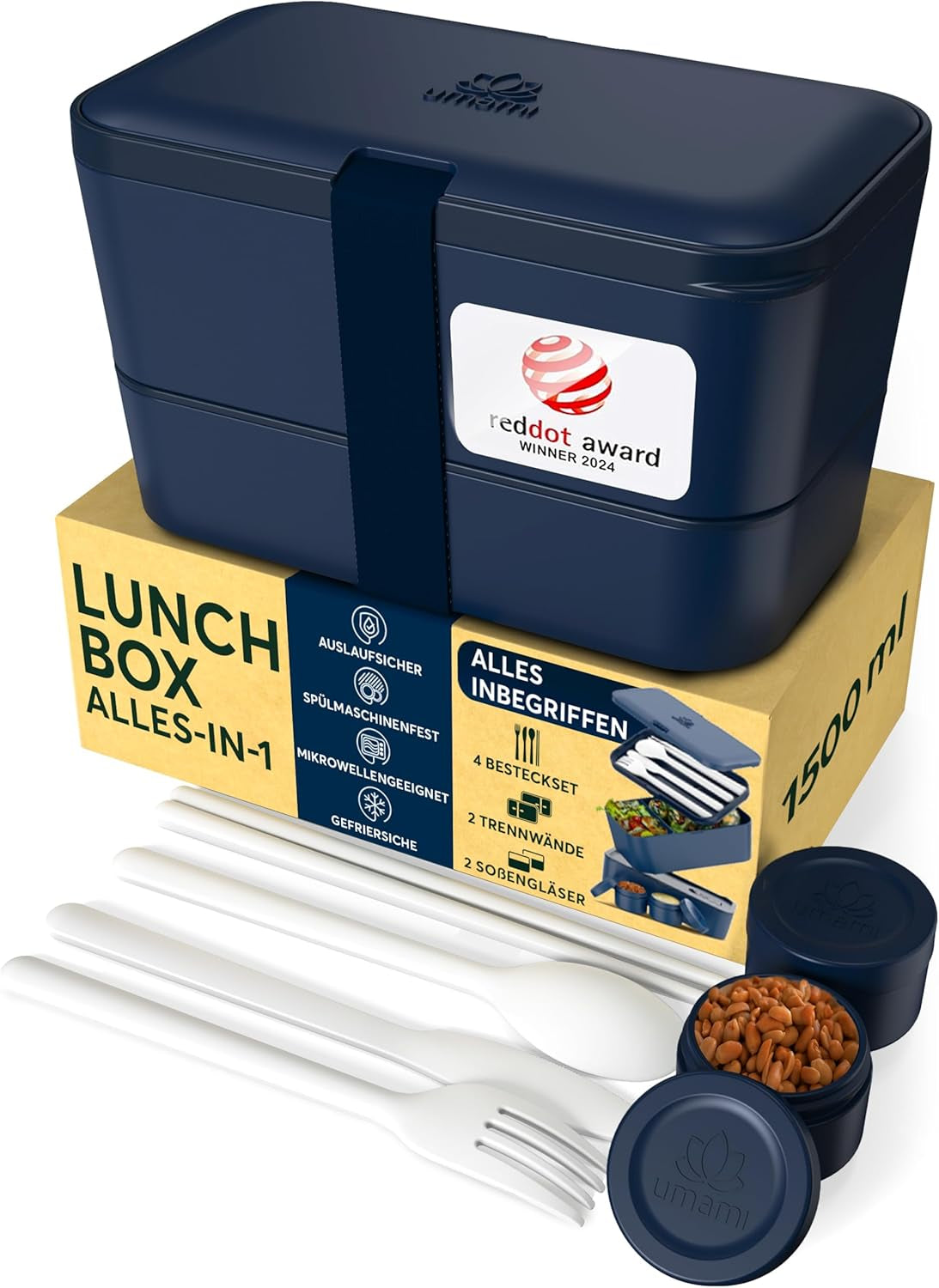 Umami Madpakke til voksne, Lækagesikker stabelbar Bento-kasse med 4 bestik og rum, Voksen Madkasse, To-Go-salatbeholder, Picnic-/kontormadkasse, koksgrå, 1500 ml