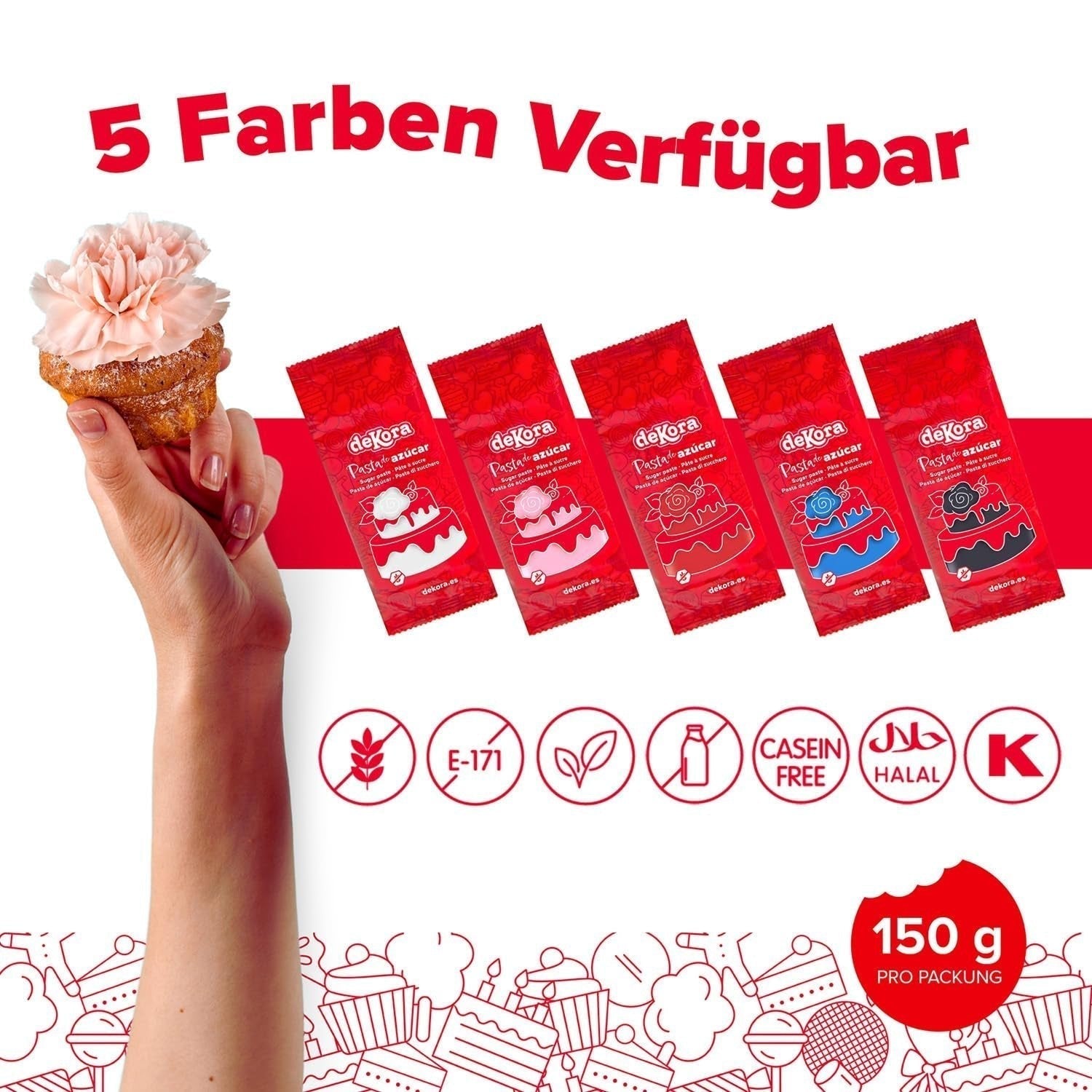 Dekora - Hvid sugarpaste fondant 150g - Perfekt til kager og bagepynt - Gluten- og laktosefri - Vaniljesmag - Blød, fleksibel og nem at forme til kreative dekorationer Naty Shop Sugarpaste