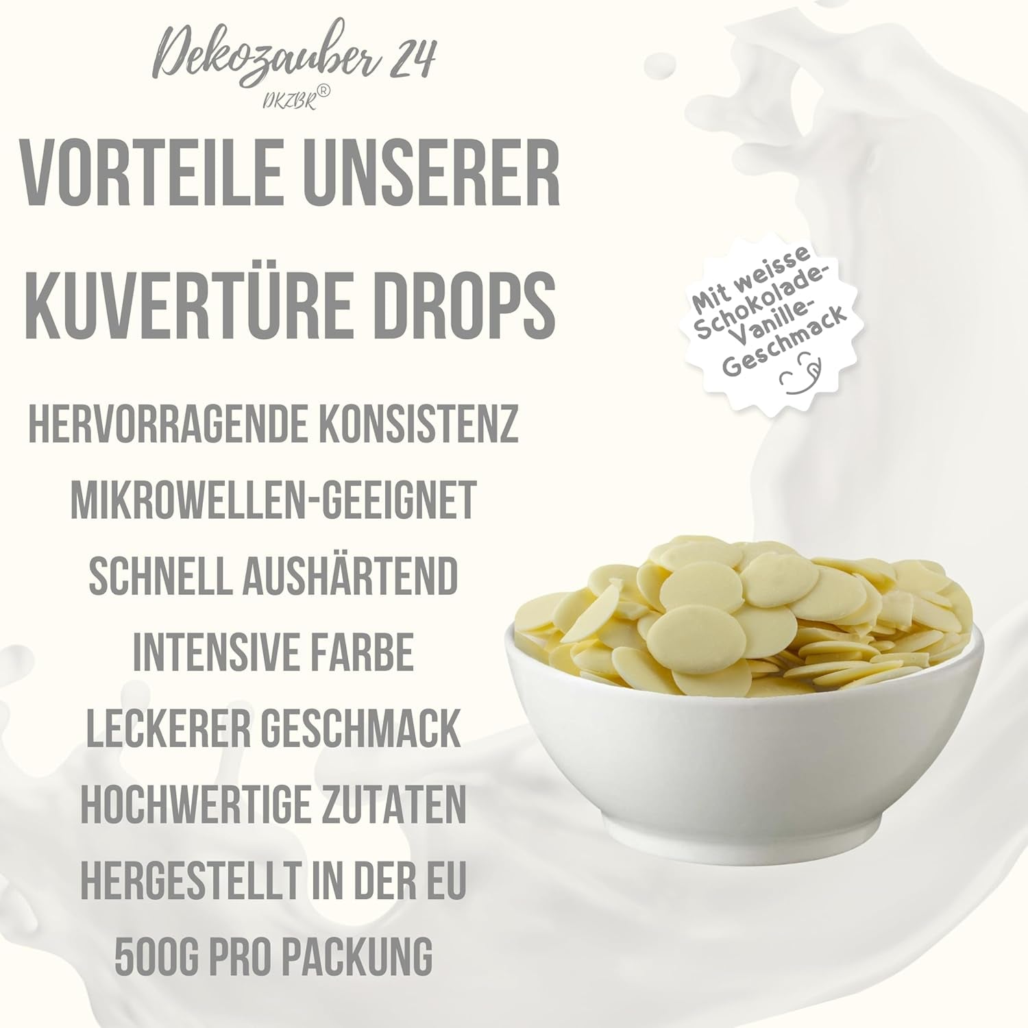 Dekozauber24 couverture dråber, hvide, 500 g, med hvid chokolade og vaniljesmag, Deco Melts chips, mikroovnsikker, til cake pops, kager, tærter, tærter, dryp eller glasur Naty Shop Sugarpaste