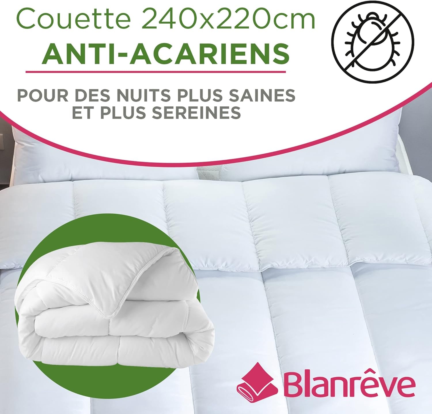 Serenité quilt - Antimidebehandling - Hærdet 300 G/M² - 240 X 220 Cm - Til dobbeltseng - Kan maskinvaskes, hvide dyner og dyner Naty Shop
