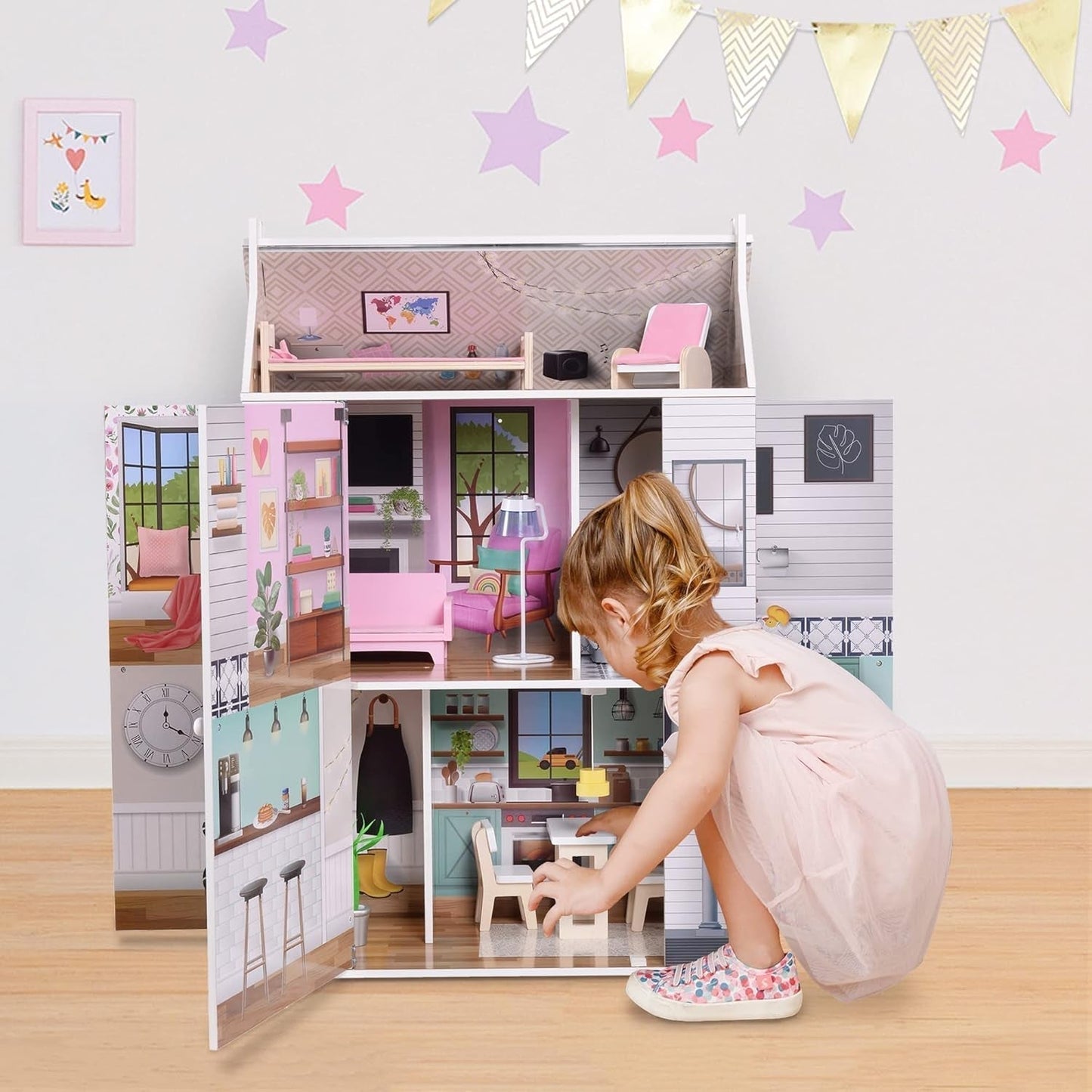 Olivia'S Little World Drømmeland Farmhouse Børn Interaktivt trædukkehus 3 etager med 13 dukkemøbler Tilbehør Hvid TD-13632A Dukkehuse Naty Shop