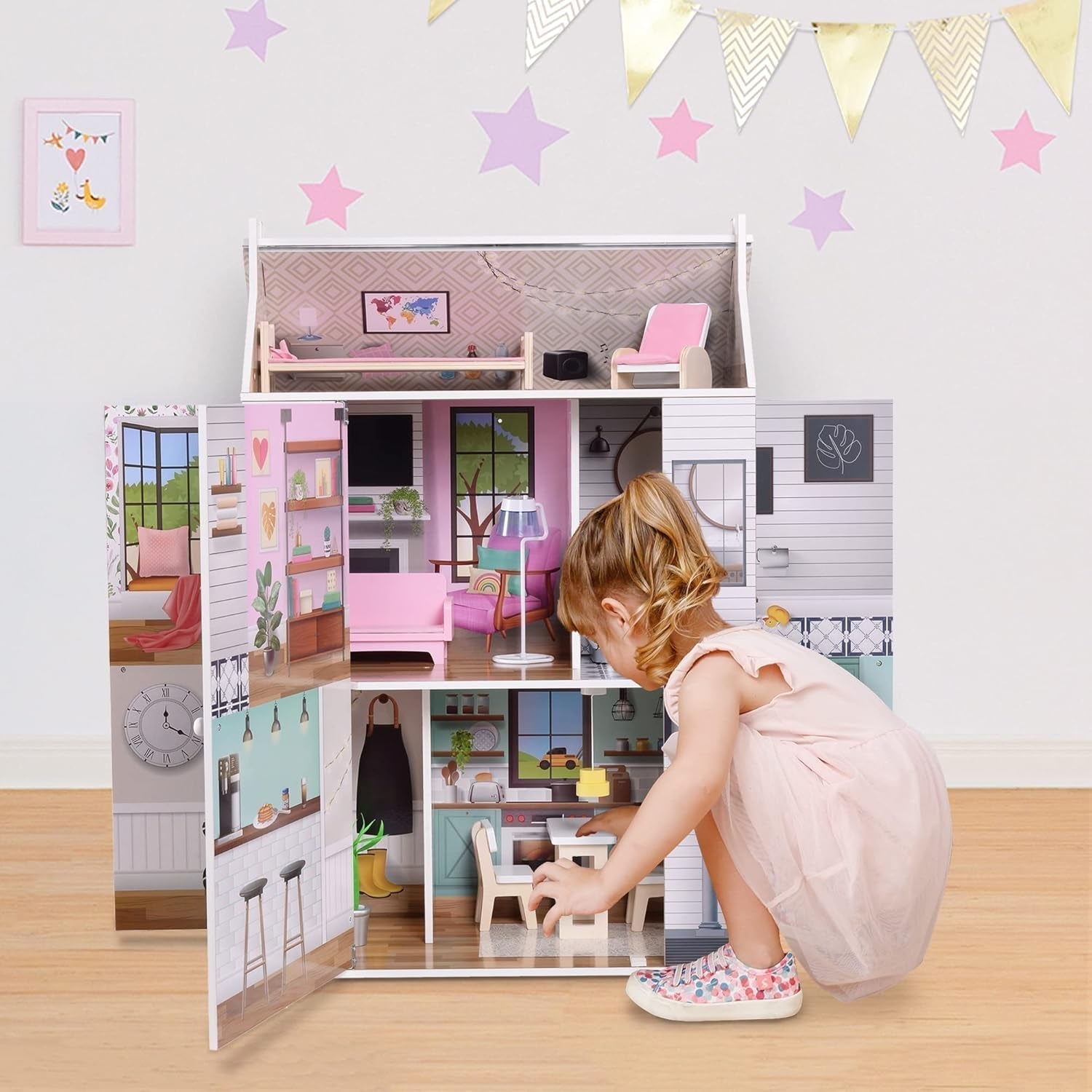 Olivia'S Little World Drømmeland Farmhouse Børn Interaktivt trædukkehus 3 etager med 13 dukkemøbler Tilbehør Hvid TD-13632A Dukkehuse Naty Shop