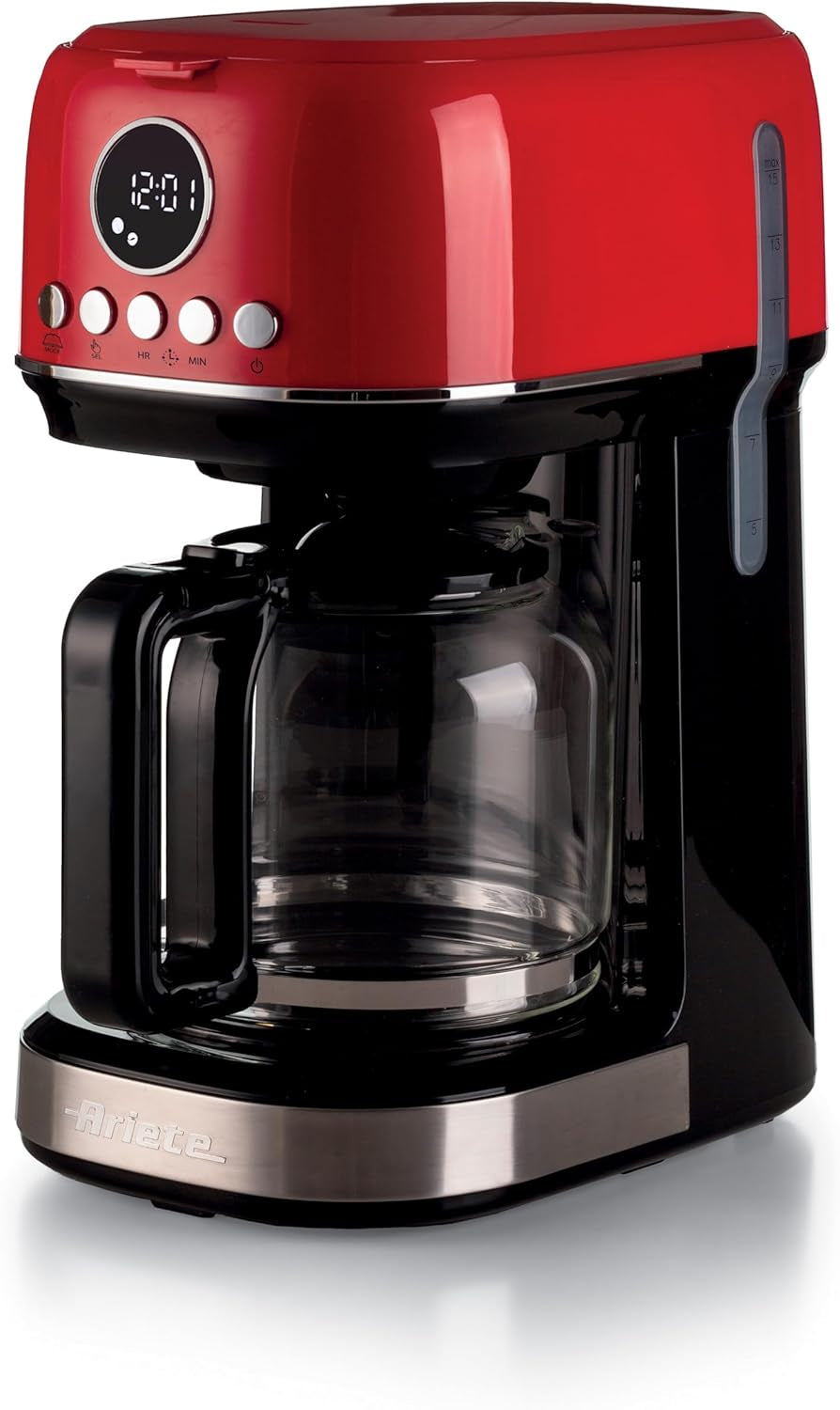 Ariete Moderna 1396 Filter Espressomaskine til fremstilling af amerikansk kaffe Op til 15 kopper Glaskaraffel Varmeplade LCD-skærm Aftagelige og vaskbare filtre Hvid