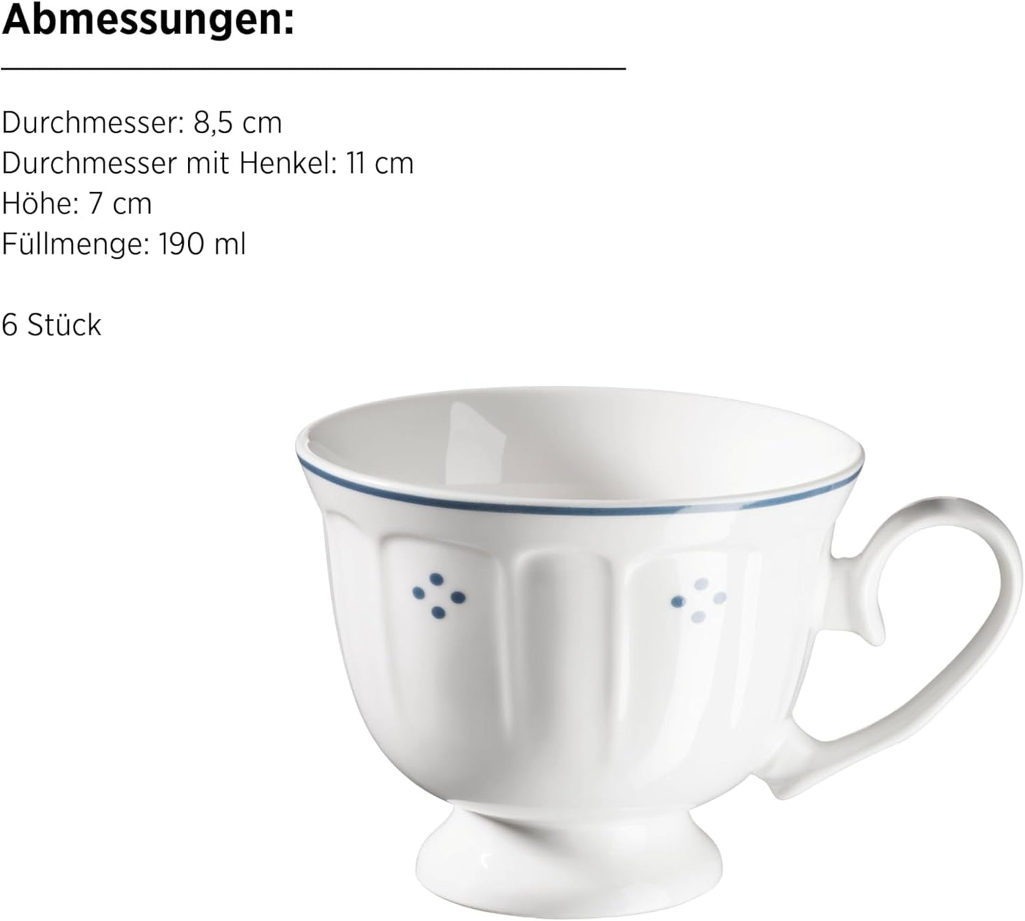 Mäser Lova Series 18 stykke porcelænskaffeservice - 6 desserttallerkener (19,5 cm), 6 kopper (19 cl) og 6 underkopper (15,5 cm), blå