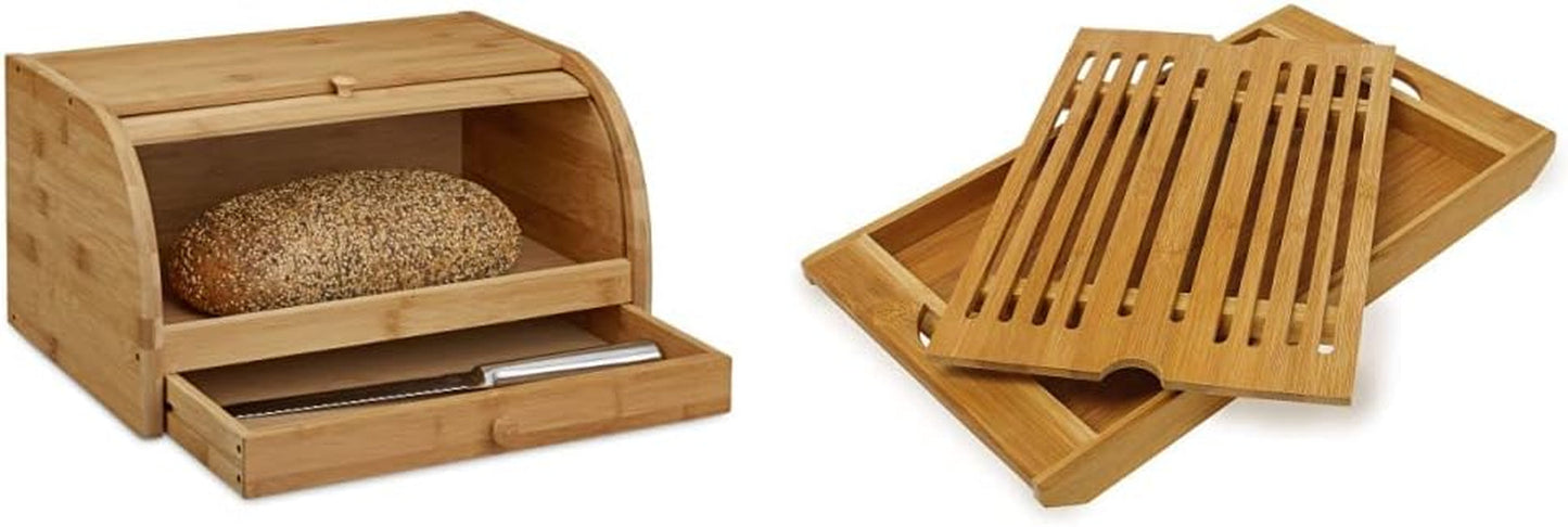 Relaxdays Rullebrødskurv med skuffe, bambus, HxBxD: 21 x 40,5 x 28 cm, træ, natur & bambus skærebræt ca. 3 x 37 x 21,5 cm skærebræt med krummebakke til nem rengøring Naturlig madopbevaringsbokse Naty Shop Brødskærebrætpakke 3X37X21,5 cm