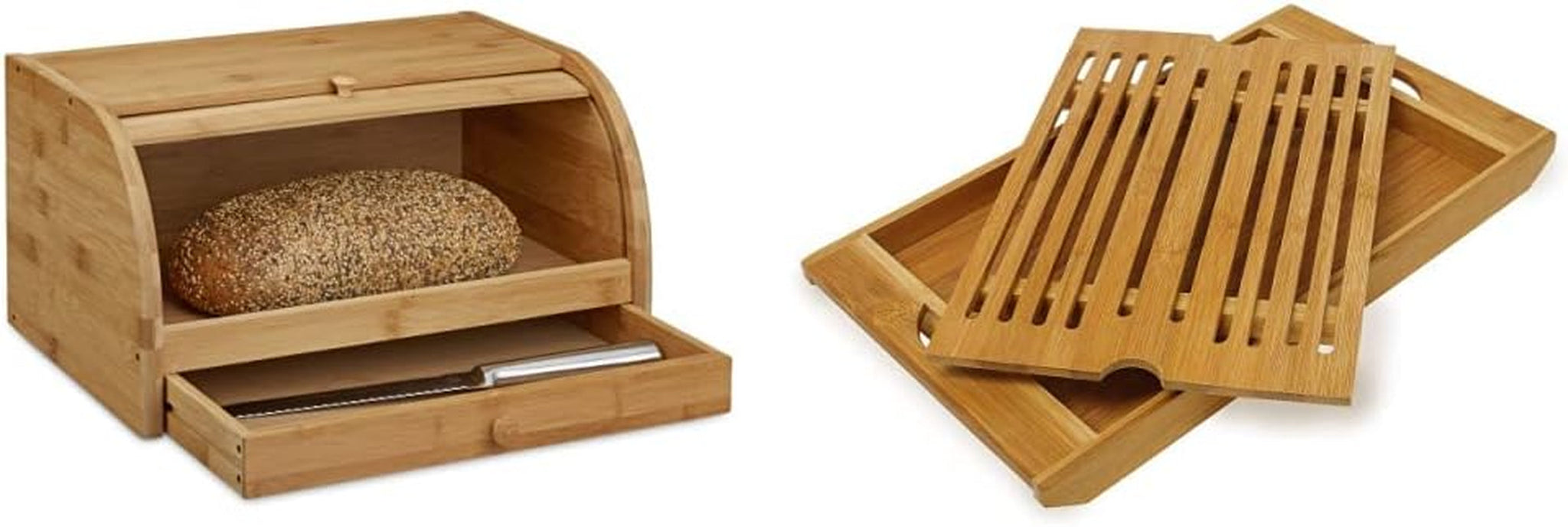 Relaxdays Rullebrødskurv med skuffe, bambus, HxBxD: 21 x 40,5 x 28 cm, træ, natur & bambus skærebræt ca. 3 x 37 x 21,5 cm skærebræt med krummebakke til nem rengøring Naturlig madopbevaringsbokse Naty Shop Brødskærebrætpakke 3X37X21,5 cm