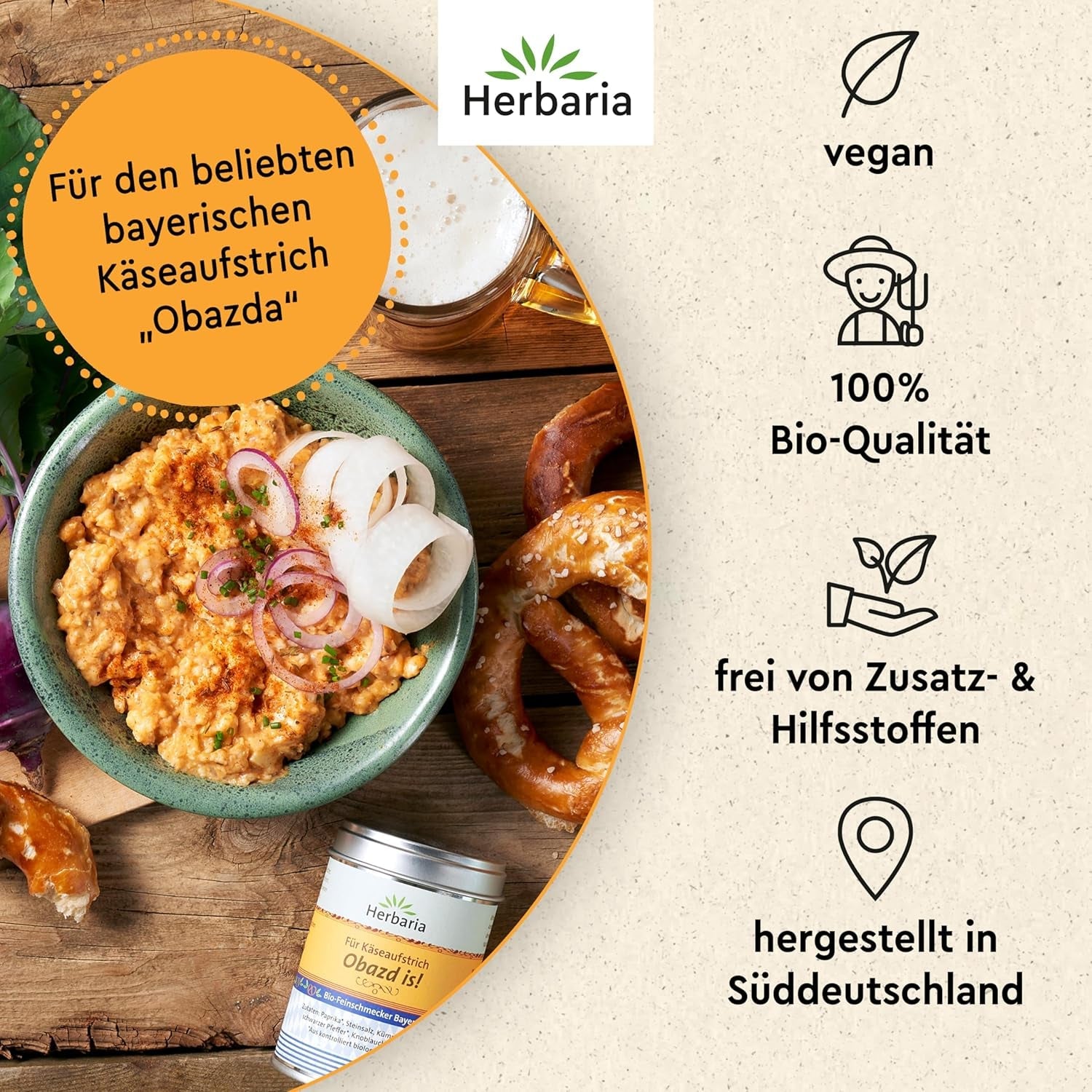 Herbaria Obazd er! bio 90g M-Dose – Bio-Gewürzmischung bayerischen Biergartenklassiker Obazda – for Brotaufstriche, Käsegerichte, Käsefondue – Raclette Gewürz - i nachhaltiger Aromaschutz-Dose