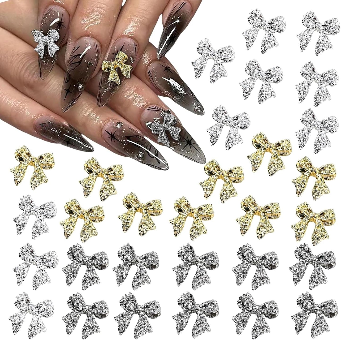 30 stk metal neglesløjfer, guld sølvgrå sløjfer, negletilbehør, negledekorationer til kvinder og piger, nail art design