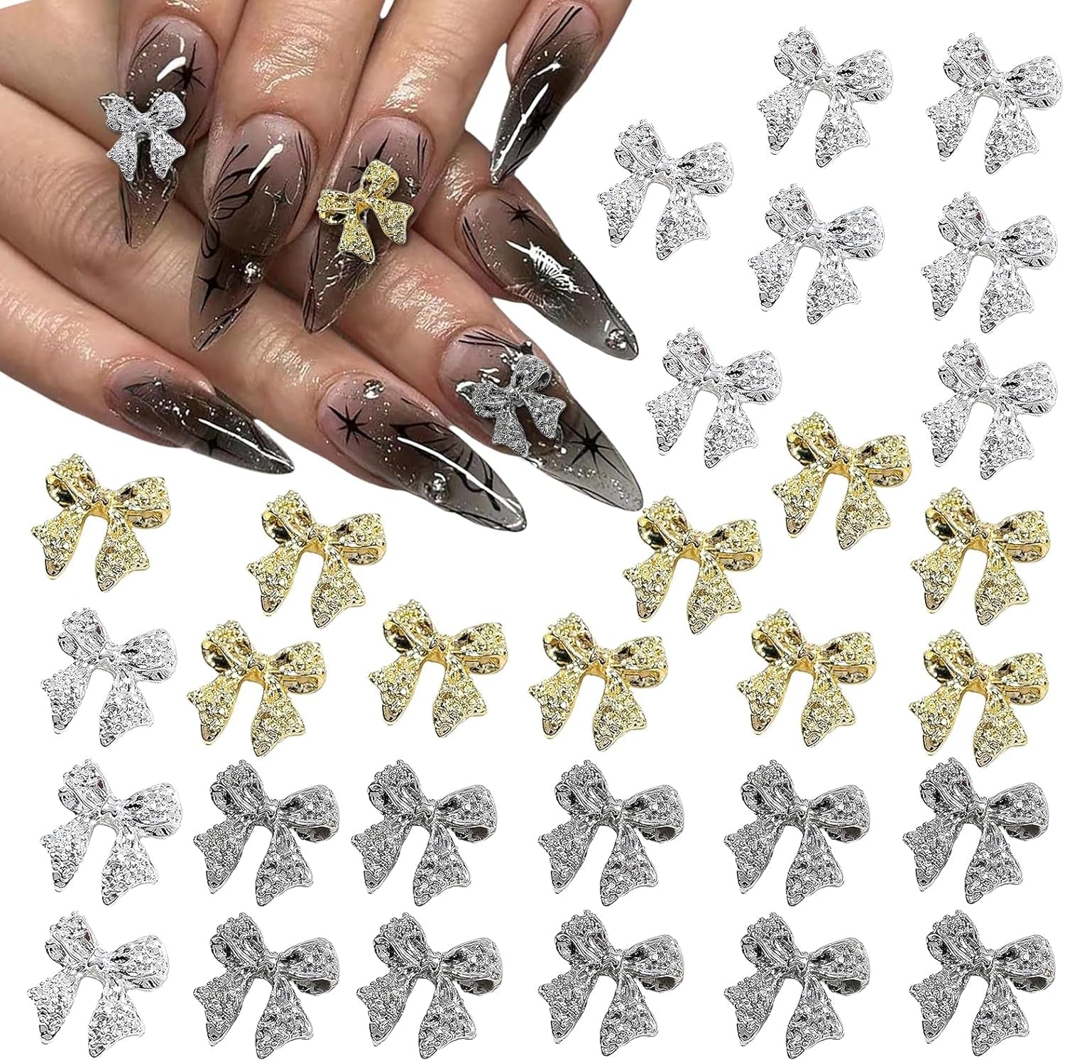 30 stk metal neglesløjfer, guld sølvgrå sløjfer, negletilbehør, negledekorationer til kvinder og piger, nail art design