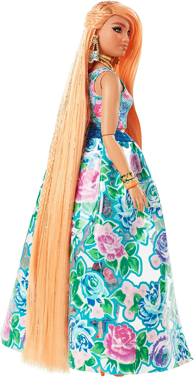 Barbie ekstra fancy, kurvet langt jordbærblondt hår, todelt jakkesæt, blå kat, lyserød taske, ananas solbriller inklusive dukke, egnet som gave, Hhn14 Naty Shop Dolls
