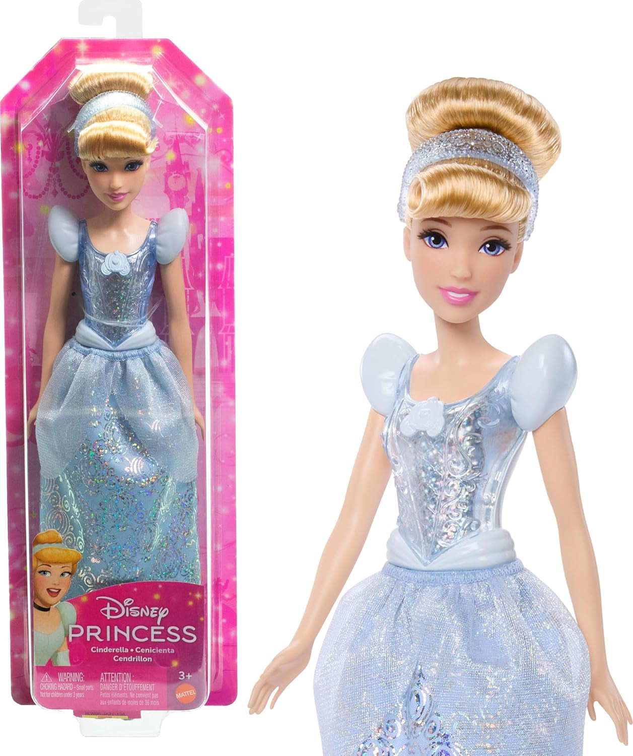 Mattel DISNEY Princess Askepot - Leddukke med funklende outfit, aftagelige sko og tiara, kæmmet hår til stylingsjov, til børn fra 3 år og opefter, HLW06