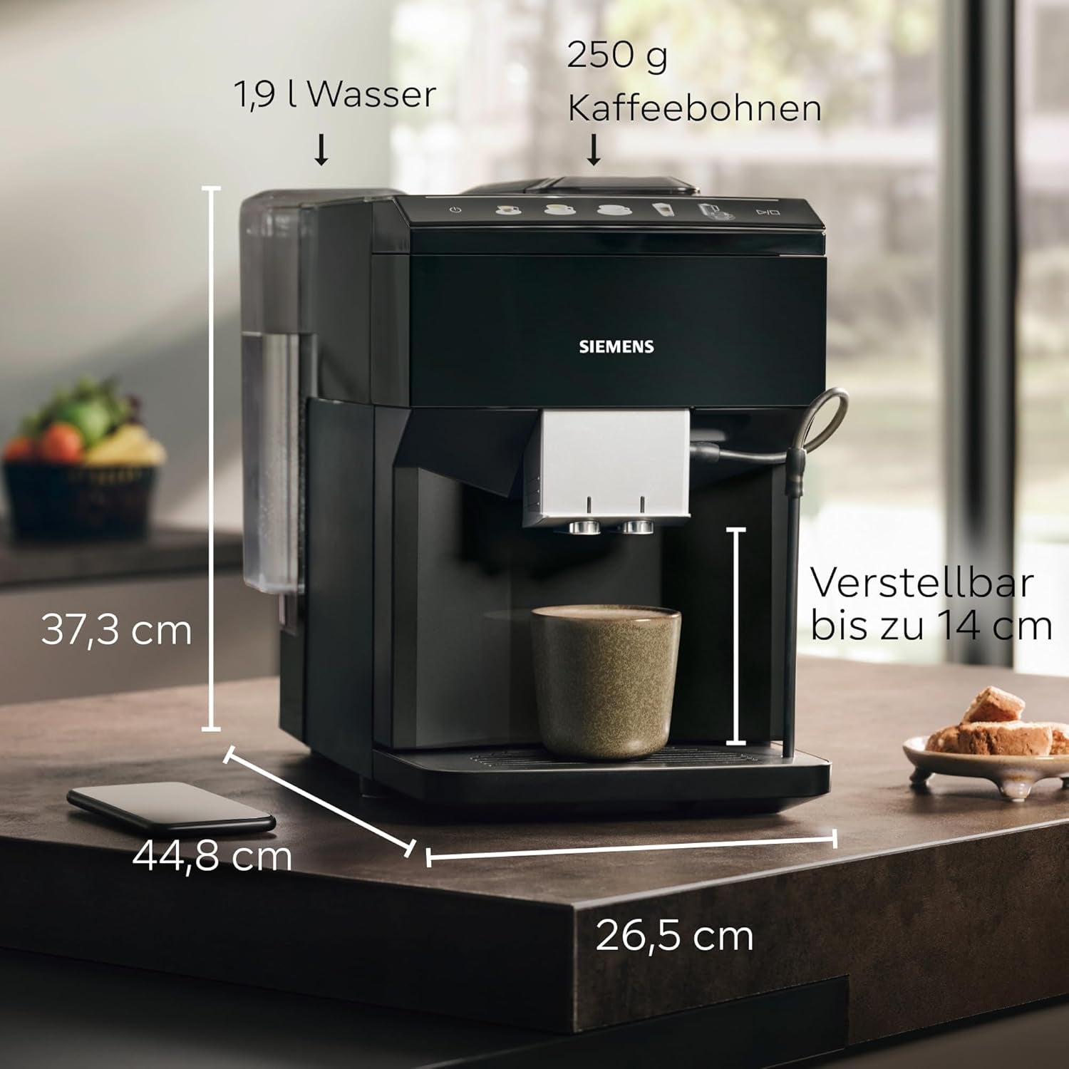 Siemens EQ500 klassisk automatisk espressomaskine, TFT farveskærm, 5 typer kaffe og mælk, dobbelt kop funktion, nem rengøring, aftagelig bryggeenhed, med mælkeslange, sort, TP511E19