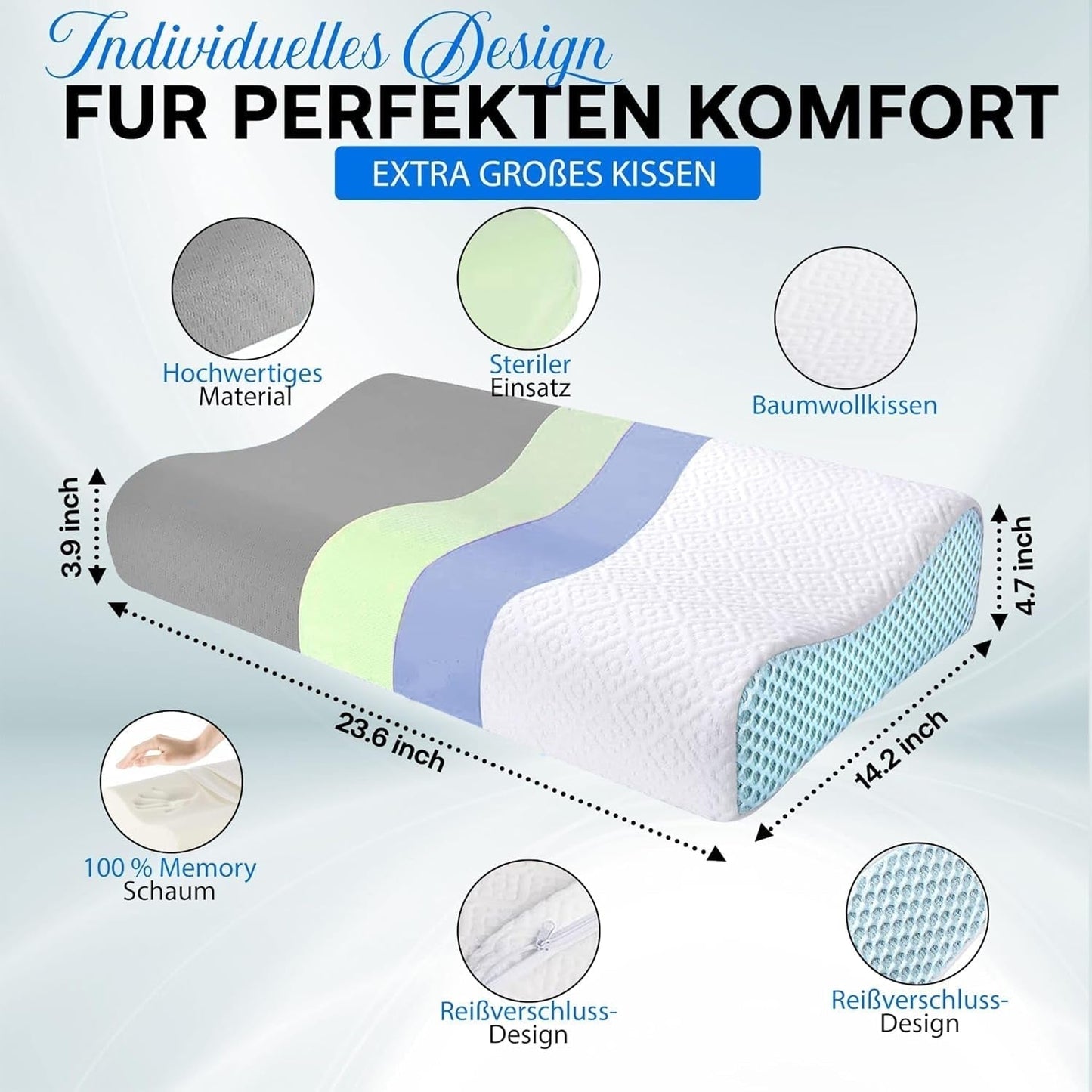 Ortopædisk Memory Foam Nakkestøttepude - Ergonomisk pude, Anti-snorkepude til side-, mave- og rygsover, pude, 60 cm x 40 cm x 12 cm cervikal ortopædiske puder Naty Shop