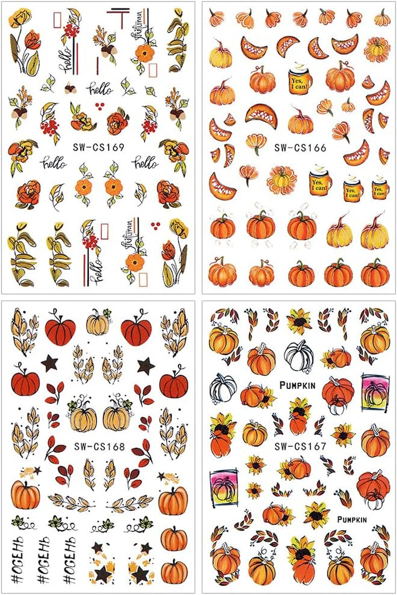 3D Autumn Nail Stickers Græskarblade Negle Stickers Geometrisk linje Blomster Negle Stickers Thanksgiving Day Design Negle Stickers Efterår Pumpkin Nail Stickers Negletilbehør Negle Art