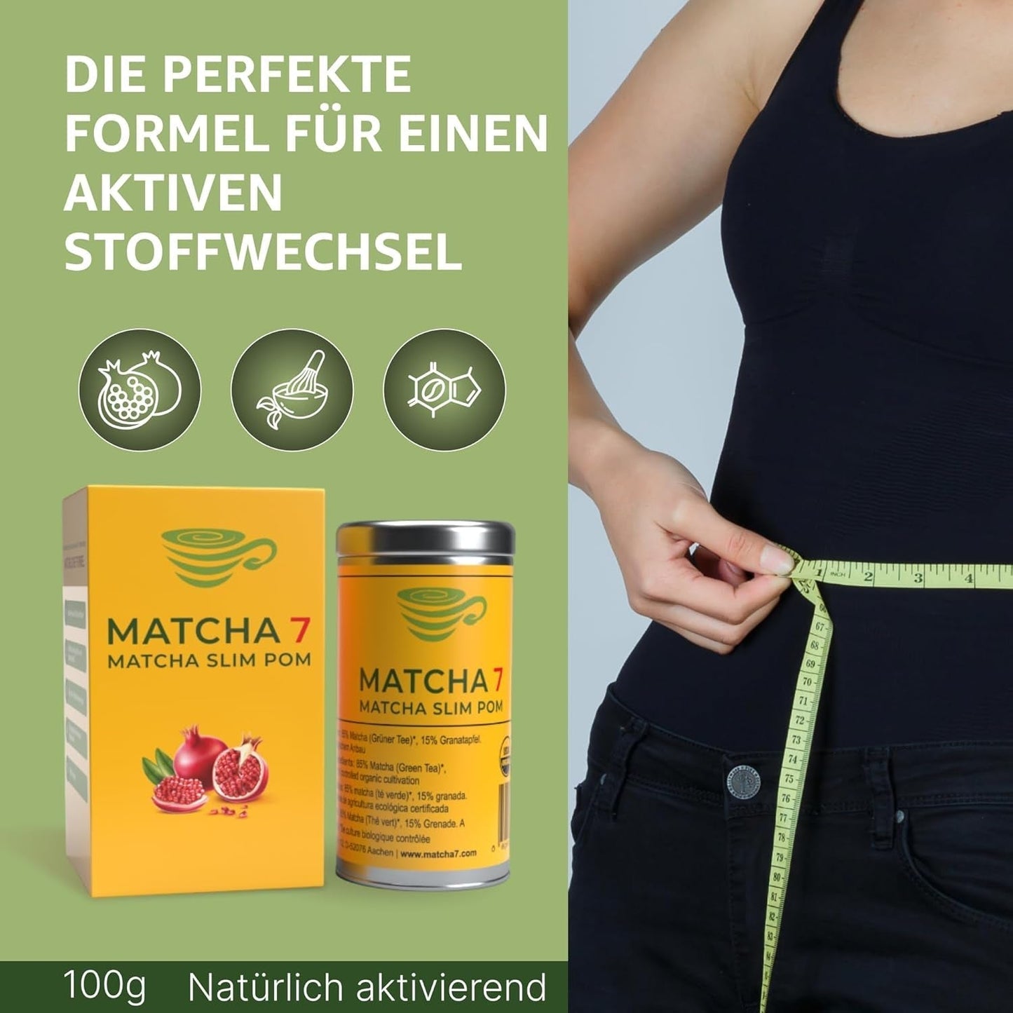 ® Ceremonial Matcha Powder X Granatæble 100G [Understøtter vægttab og stofskifte] - Grøn te for en aktiv og sund livsstil - Grøn te uden tilsætningsstoffer (ren og naturlig)