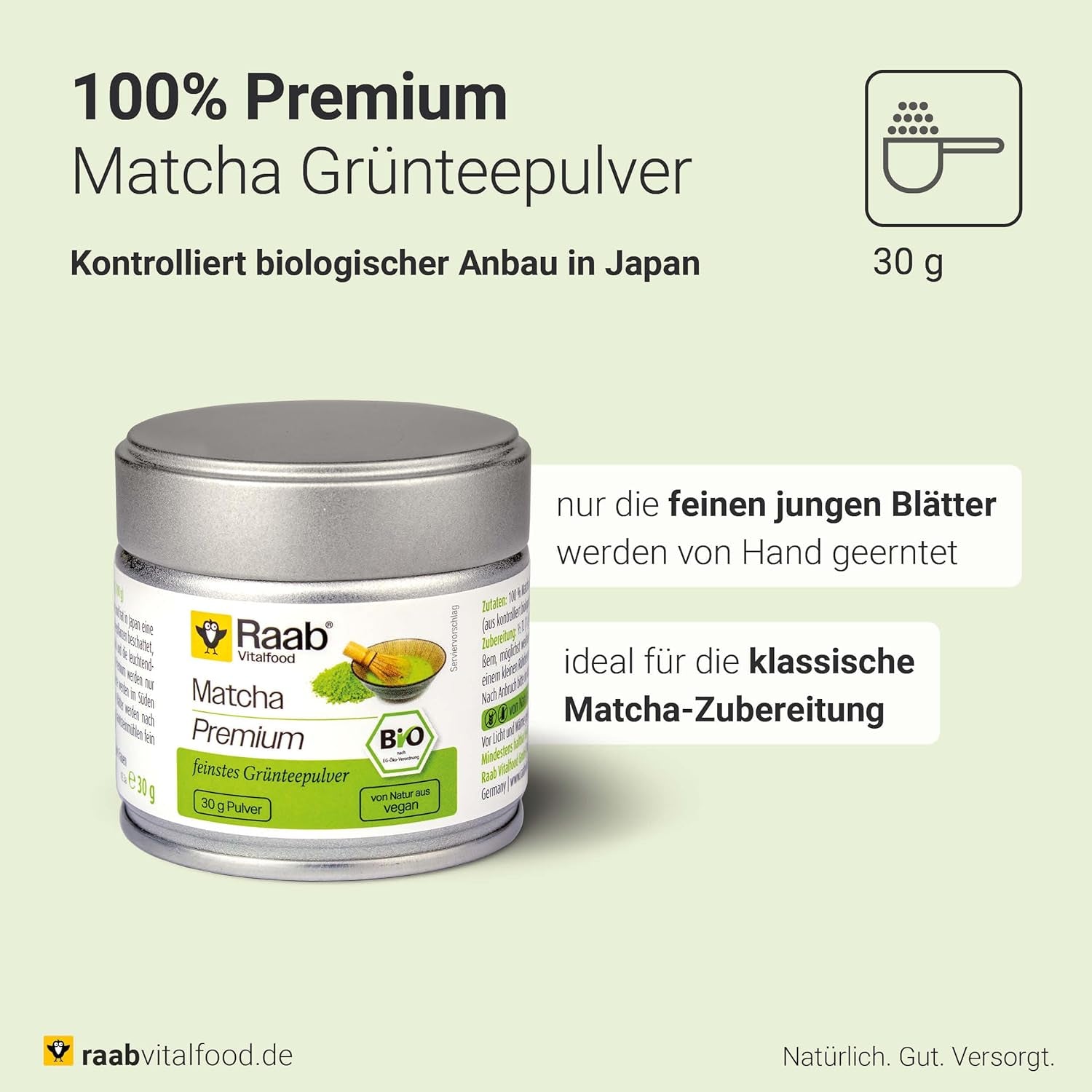 Raab Vitalfood® Premium Bio Matcha Pulver (30g) - Original fra Japan, ren matcha pulver uden tilsætningsstoffer, fint malet, mild-bitter smag, grøn te pulver, vegansk, te ceremoni