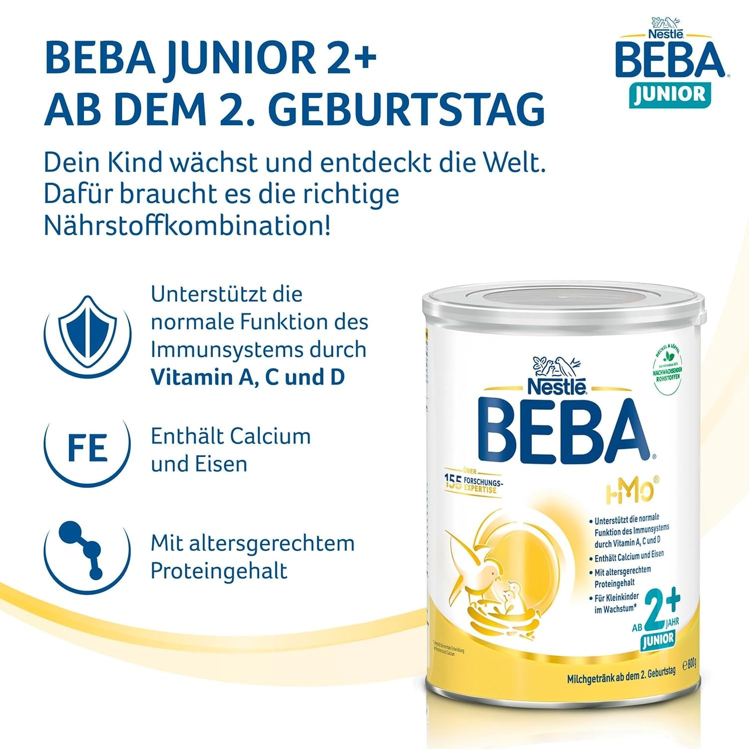 BEBA Junior 2+ mælkedrik fra 2 år, med HMO, alderssvarende proteinindhold, kun laktose, ingen palmeolie, ingen fiskeolie, småbørnsmad, babymælkpulver, pakke med 6 (6 x 800 g)