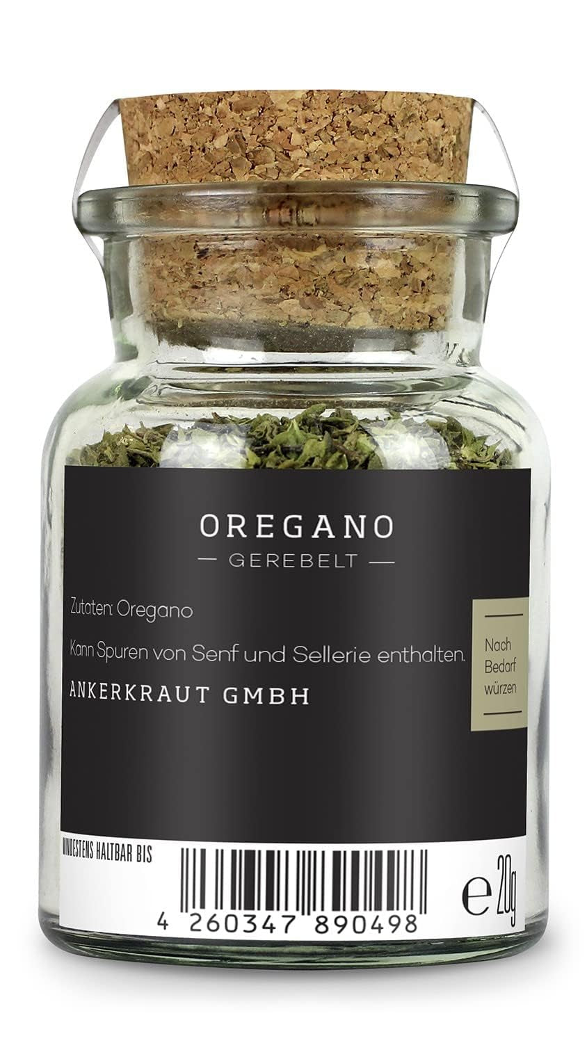 Ankerkraut Oregano Gewürz, tørret gerebelt, perfekt til pizzasuppe tomat og fisk, Kräuter zum Würzen, middelhavsküche für zu Hause, Lecker Kochen, 20g im Korkenglas