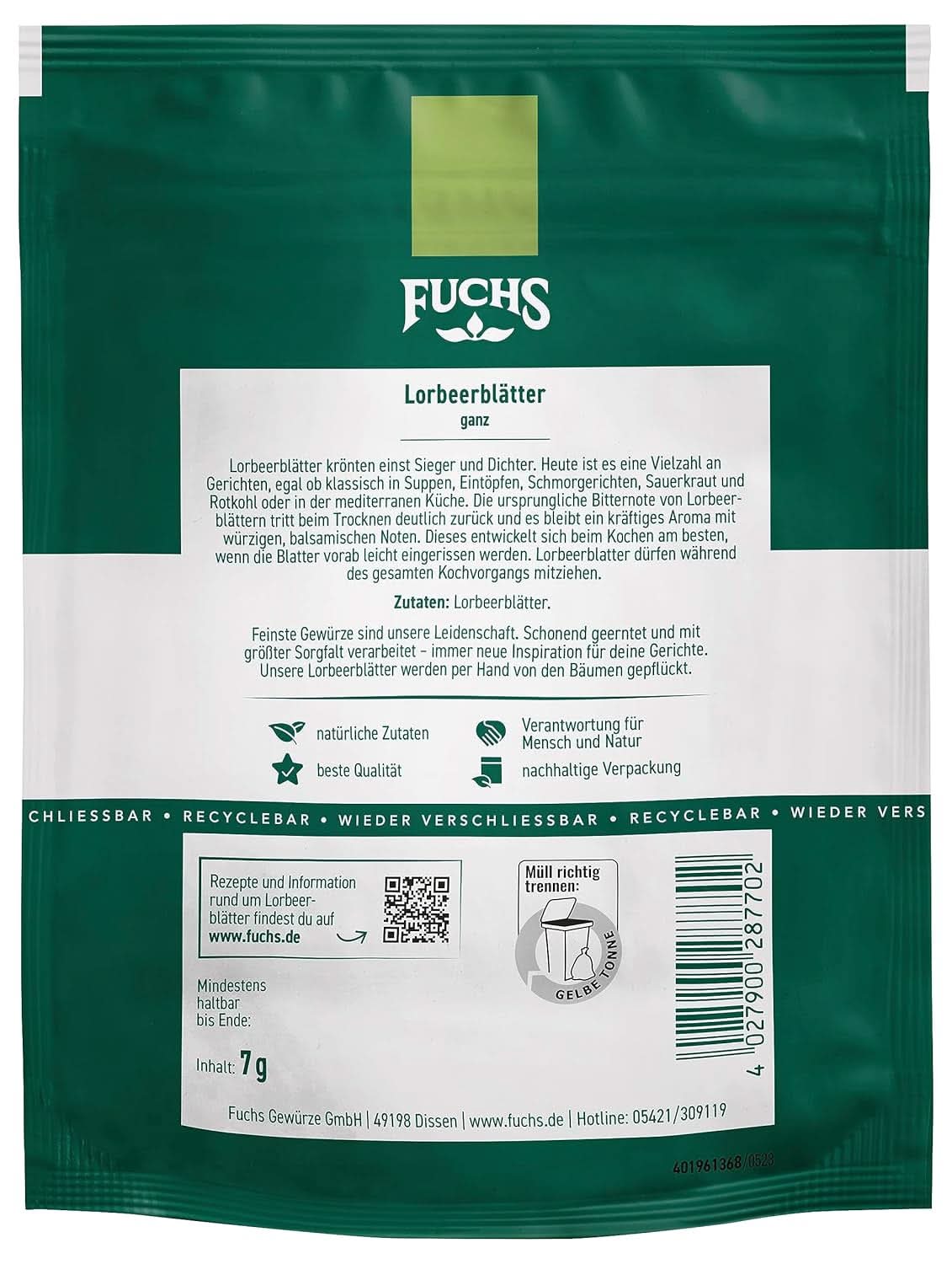 Fuchs - Laurbærblade i en genlukkelig genanvendelig pose - lavet af naturlige ingredienser - 7 gram Krydderier Naty Shop