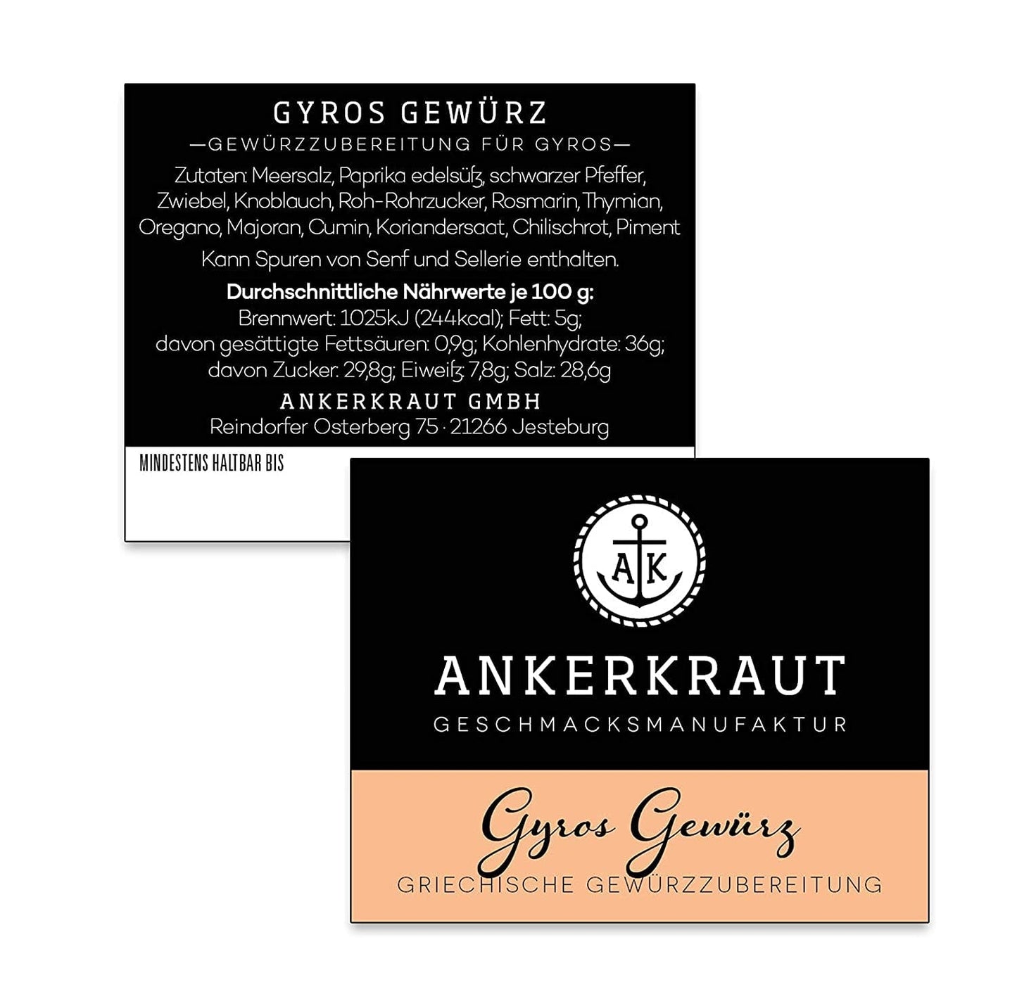 Ankerkraut Gyros, Gewürzmischung für Gyros, egal ob aus der Pfanne oder vom Grill, mit Zwiebel, Knoblauch, Merian, Spidskommen, Piment og mehr, 80 g im Korkenglas