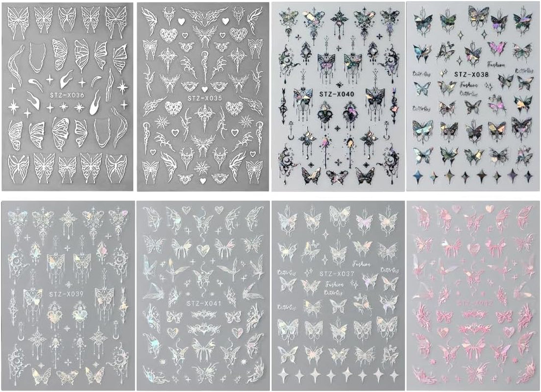 3D Metallic Schwarz Schmetterling Nagelsticker - Laser Pink Aurora Nagelaufkleber - Punk Butterfly Nail Art Stickers - Sølv Nail Sticker - Nageldesign Tilbehør