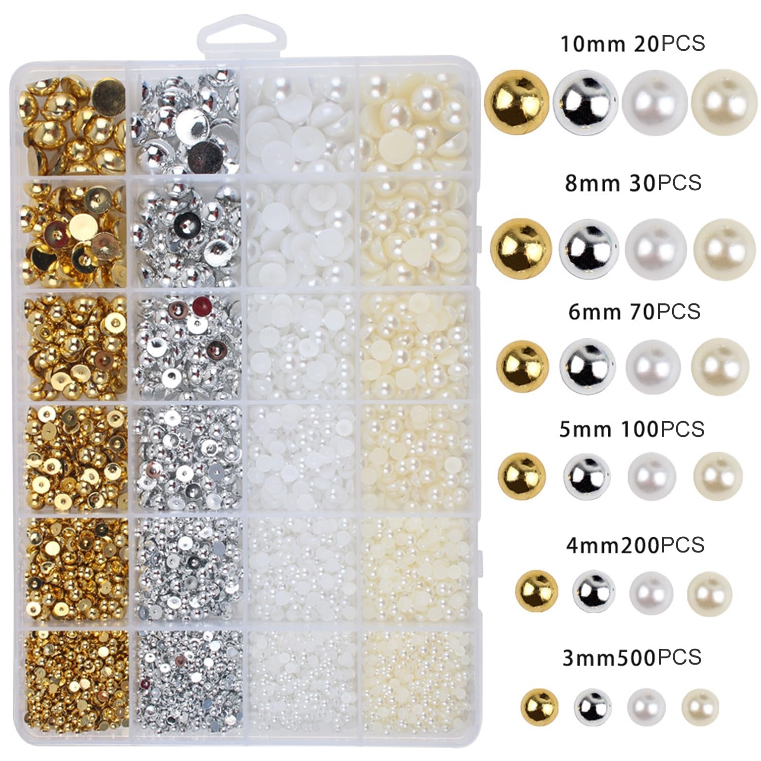 GZMAYUEN 920 stk Guld Sølv Flatback Perlen Für Nägel, Halbrunde Weiße Beige Nail Perlen, Kleine Halbrunde Flatback Perlen Für DIY Nail Art Decor