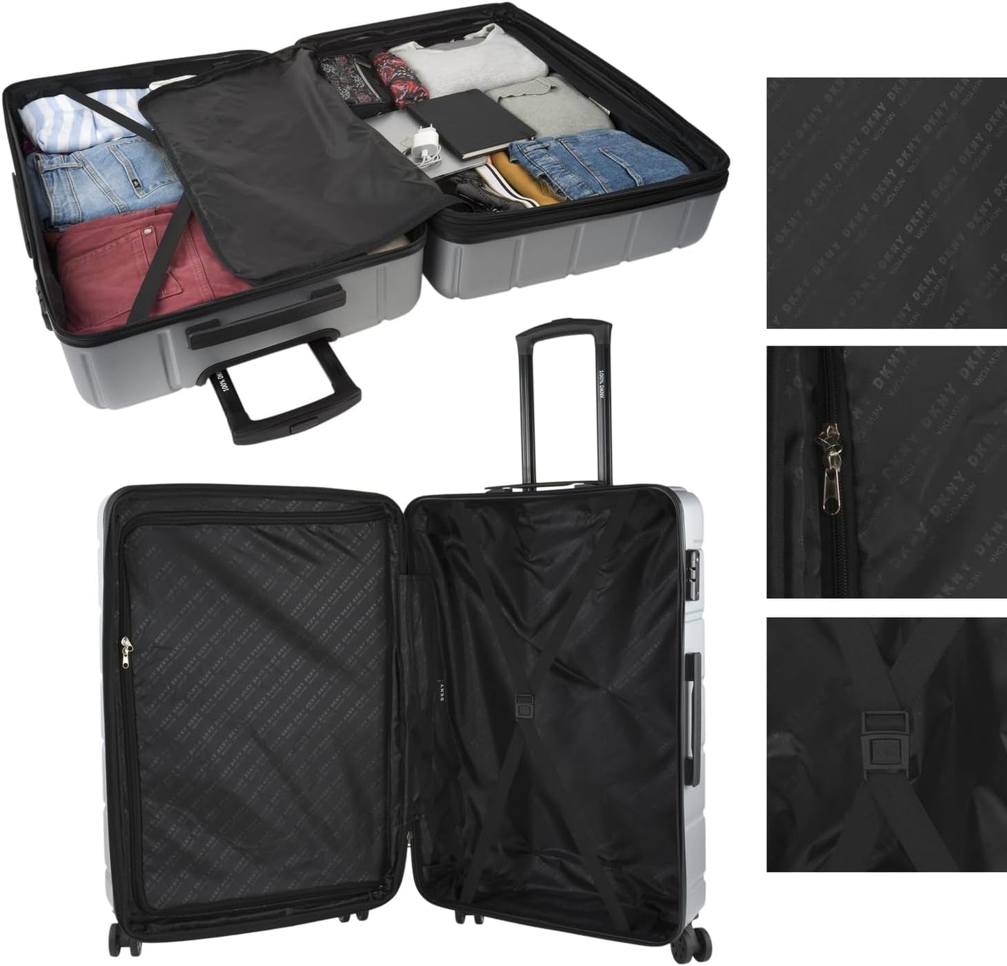 DKNY - Stor 4-hjulet kuffert Stor letvægtskuffert - Stor rejsekuffert med hjul. Stor flyrejsekuffert Hard Shell kuffert med certificeret lukning - Stor trollekuffert Sølv bagage og rejseudstyr Naty Shop
