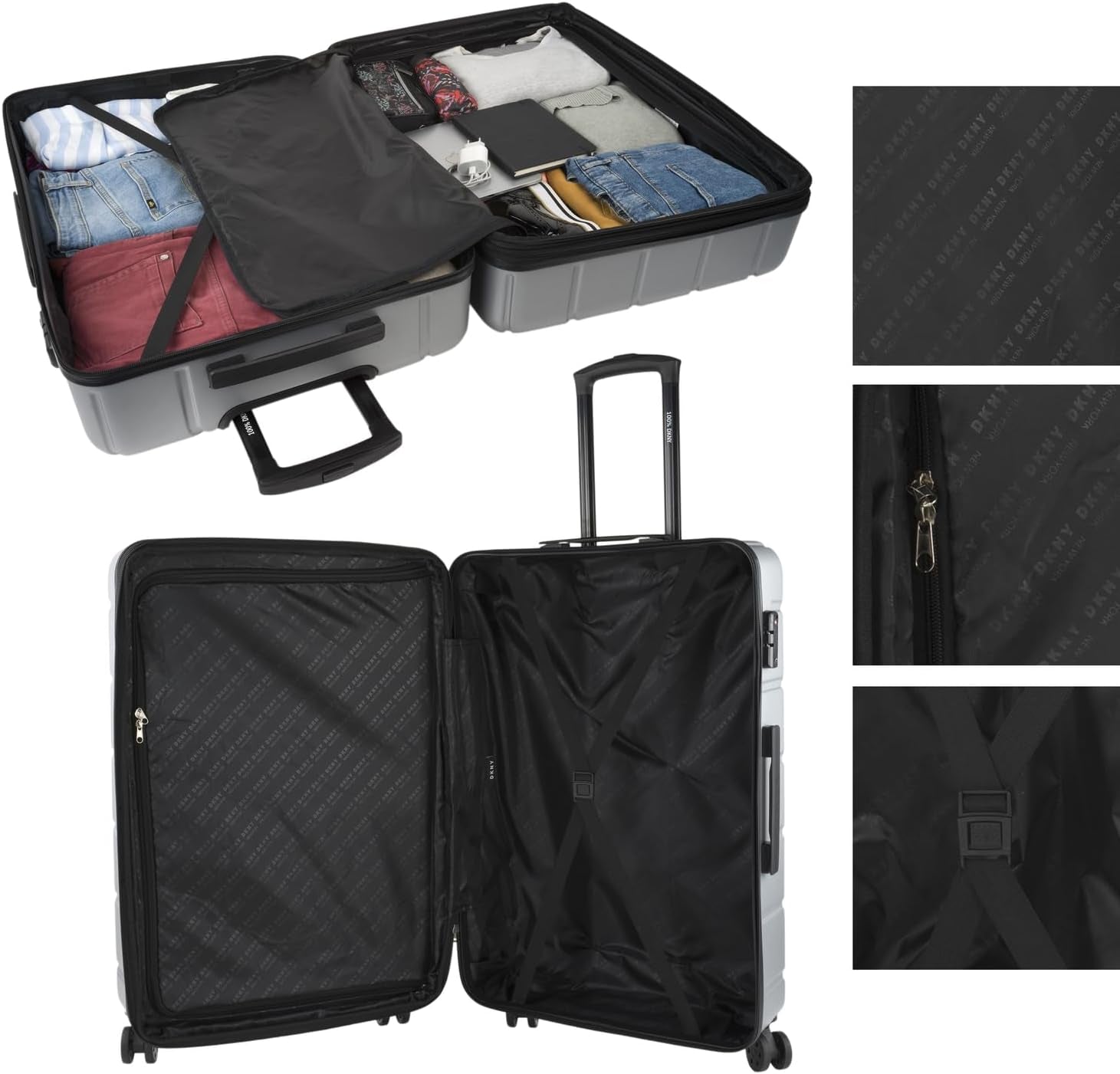 DKNY - Stor 4-hjulet kuffert Stor letvægtskuffert - Stor rejsekuffert med hjul. Stor flyrejsekuffert Hard Shell kuffert med certificeret lukning - Stor trollekuffert Sølv bagage og rejseudstyr Naty Shop