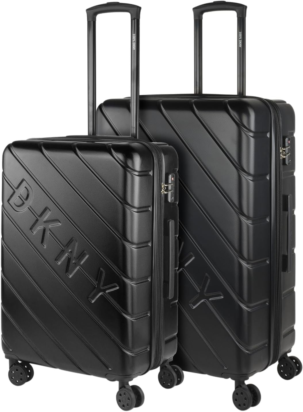 DKNY - Stor 4-hjulet kuffert Stor letvægtskuffert - Stor rejsekuffert med hjul. Stor flyrejsekuffert Hard Shell kuffert med certificeret lukning - Stor trollekuffert Sølv Bagage og rejseudstyr Naty Shop Sort M + L