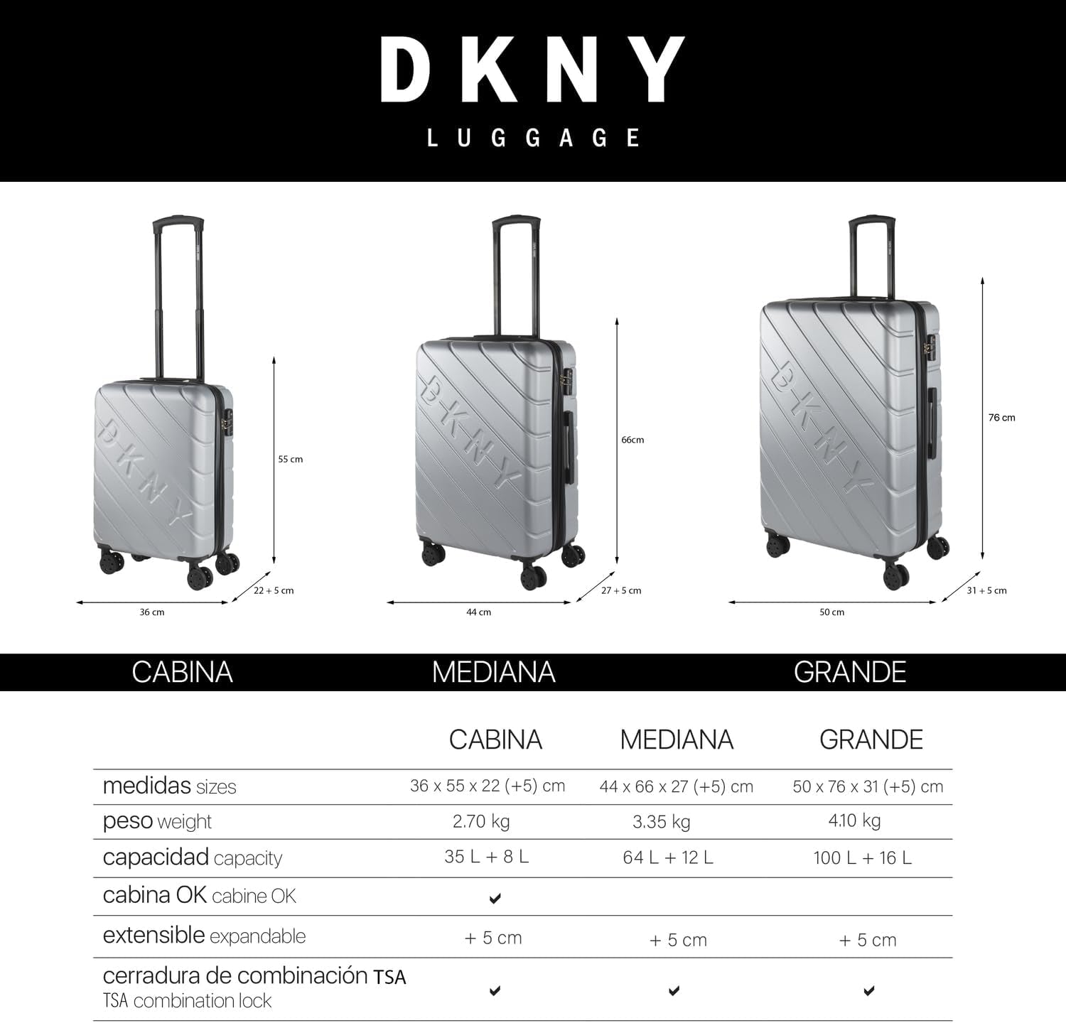 DKNY - Stor 4-hjulet kuffert Stor letvægtskuffert - Stor rejsekuffert med hjul. Stor flyrejsekuffert Hard Shell kuffert med certificeret lukning - Stor trollekuffert Sølv bagage og rejseudstyr Naty Shop