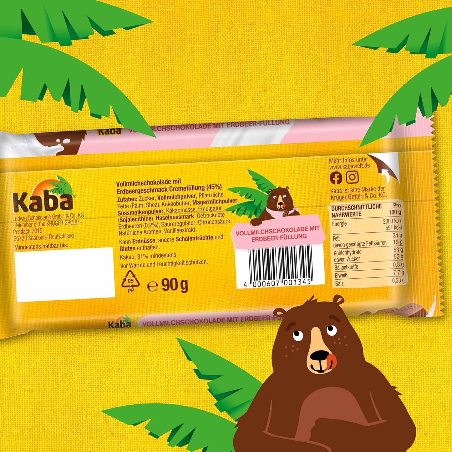 Kaba mælkechokolade med jordbærcreme, fyldt chokoladebar, 90 g bar, smelte-i-mund-chokolade med jordbærcreme og original Kaba-smag (pakke med 2)