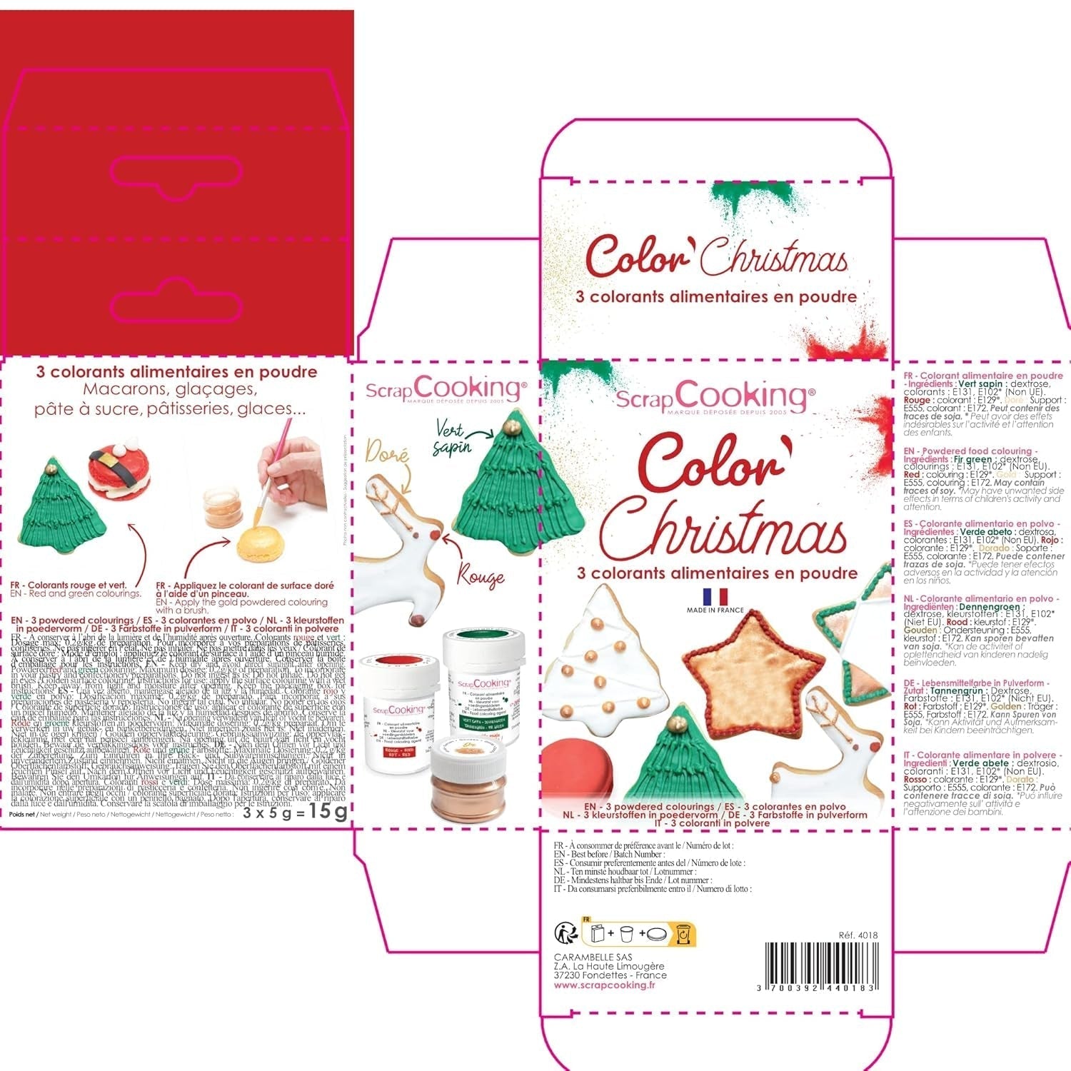 Scrapcooking - Sæt med 3 julemadsfarve i pulverform - rød, grøn, guld - spiselig madfarve til bagning, kager, småkager, kager, dej, fondant - julepynt - 4018
