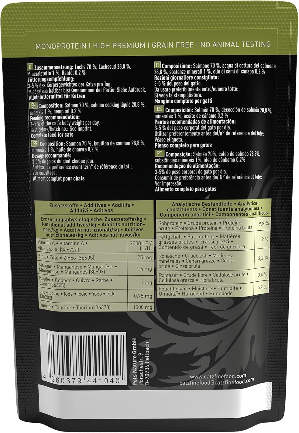 Våd kattefoder Catz Finefood Purrrr med monoprotein og laks nr. 105, til katte med følsom fordøjelse, 16 x 80 g