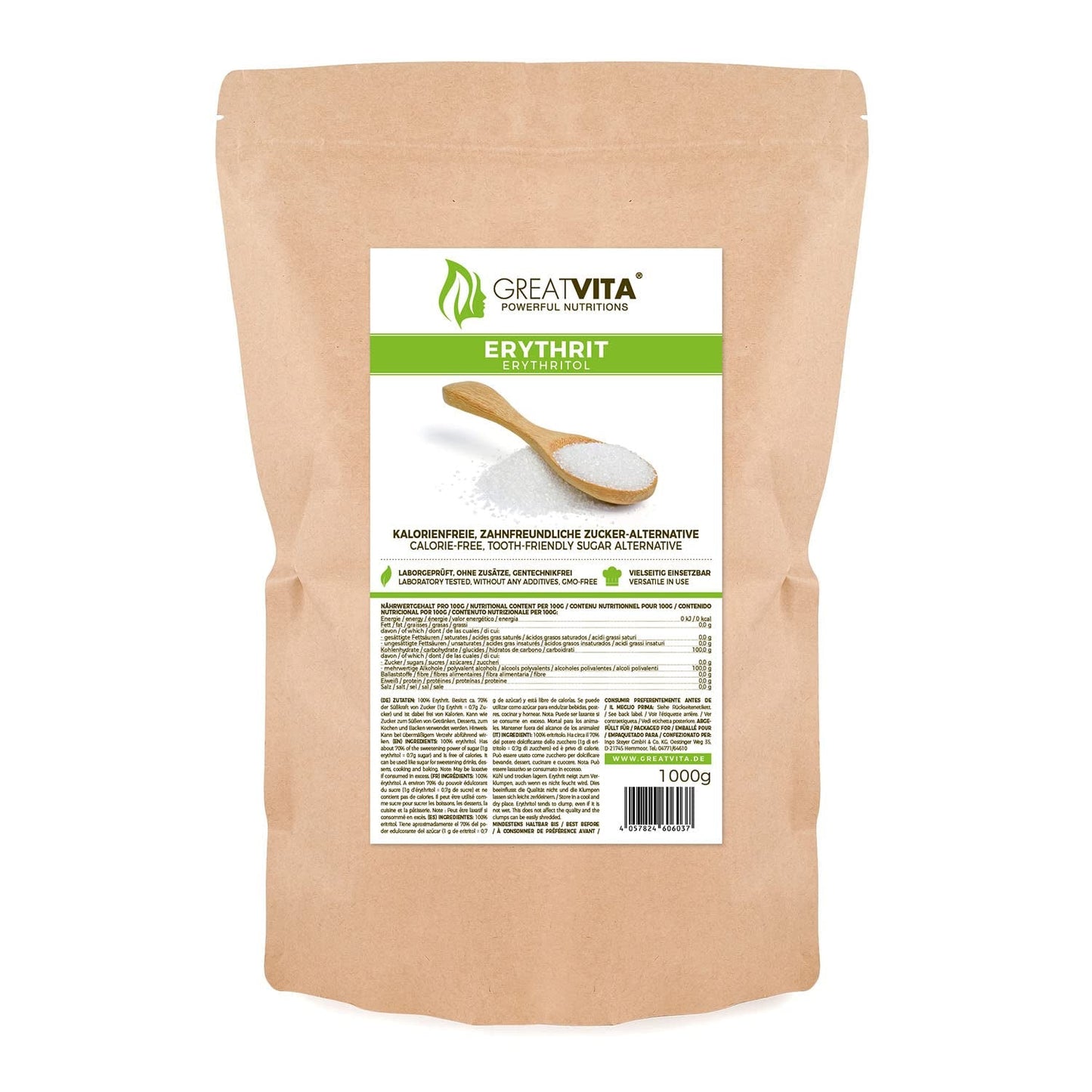Greatvita Erythritol 1000 G | Kalorienfreie Süßungsmittel & Zucker-Alternative | Zahnfreundlich, Gut Löslich & Glutenfrei | Ideal Für Getränke, Desserter & Backen sødemidler Naty Shop 1 kg (1Er Pack)