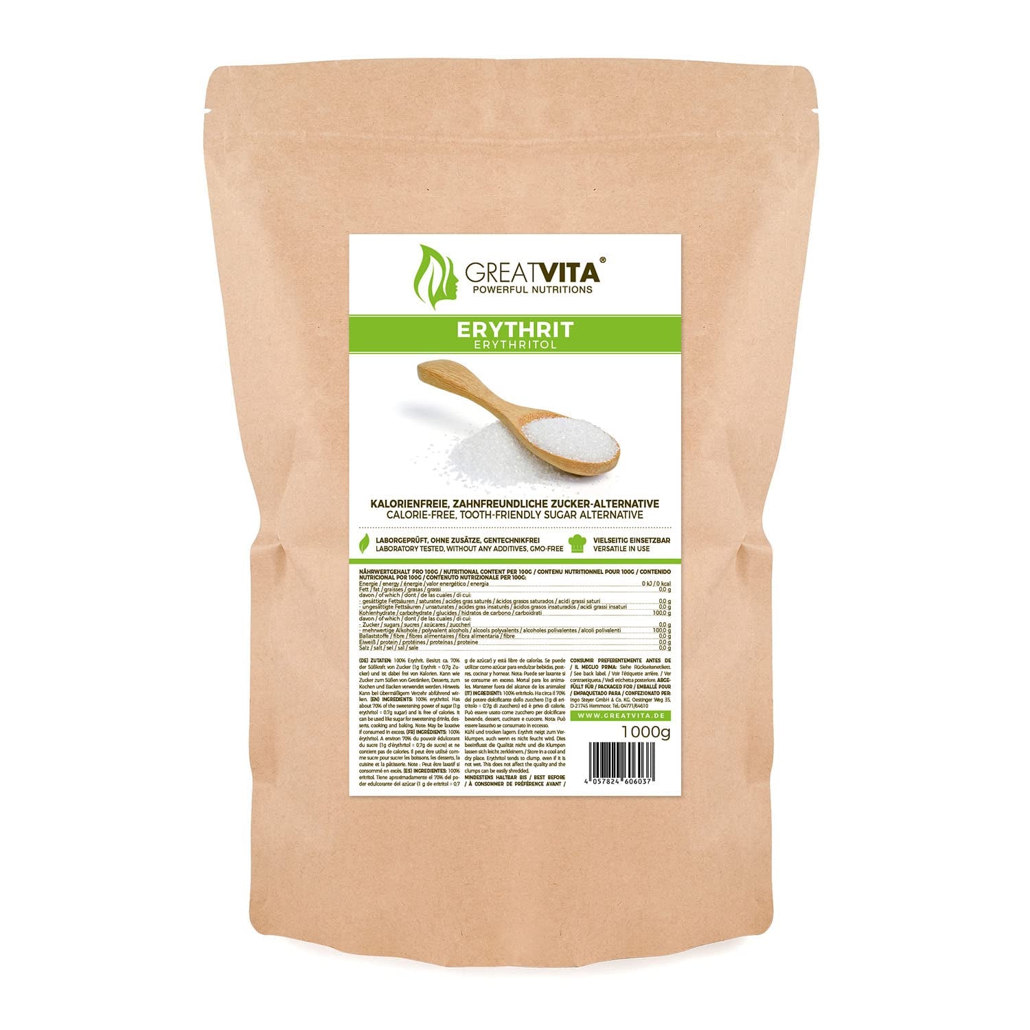 Greatvita Erythritol 1000 G | Kalorienfreie Süßungsmittel & Zucker-Alternative | Zahnfreundlich, Gut Löslich & Glutenfrei | Ideal Für Getränke, Desserter & Backen sødemidler Naty Shop 1 kg (1Er Pack)