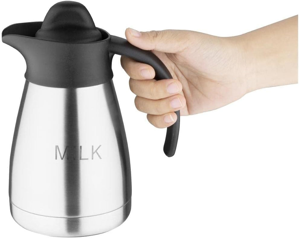 Olympia vakuummælkekrus med skruetop, 500ml/17oz, rustfrit stål med sort låg, mælkeprint på siden, buffetstationer til te og kaffe, CL371