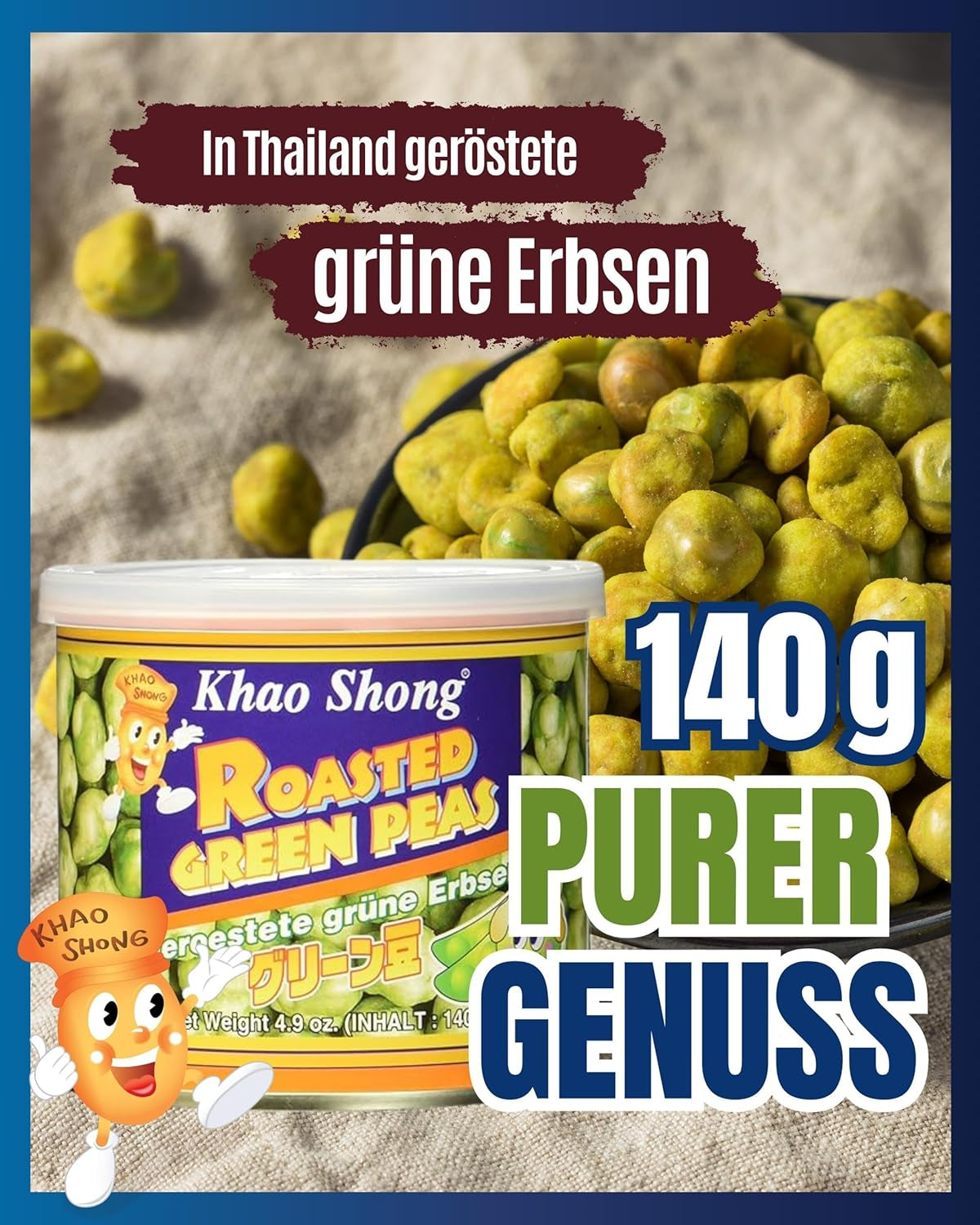 Khao Shong stegte grønne ærter med wasabi, sprøde ærter i en krydret dej, et fedtfattigt alternativ til nødder, medium krydret, 1 dåse på 140 g | 140 g (1 pakke)