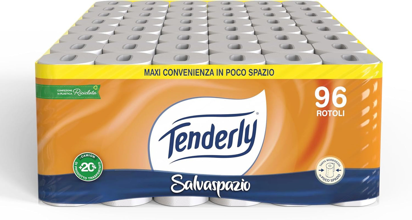 Pladsbesparende, 96 ruller toiletpapir, 2 lag, 220 tårer pr. rulle, Med naturlige ekstrakter af mallow og calendula, Fremstillet i Italien, Dermatologisk testet.