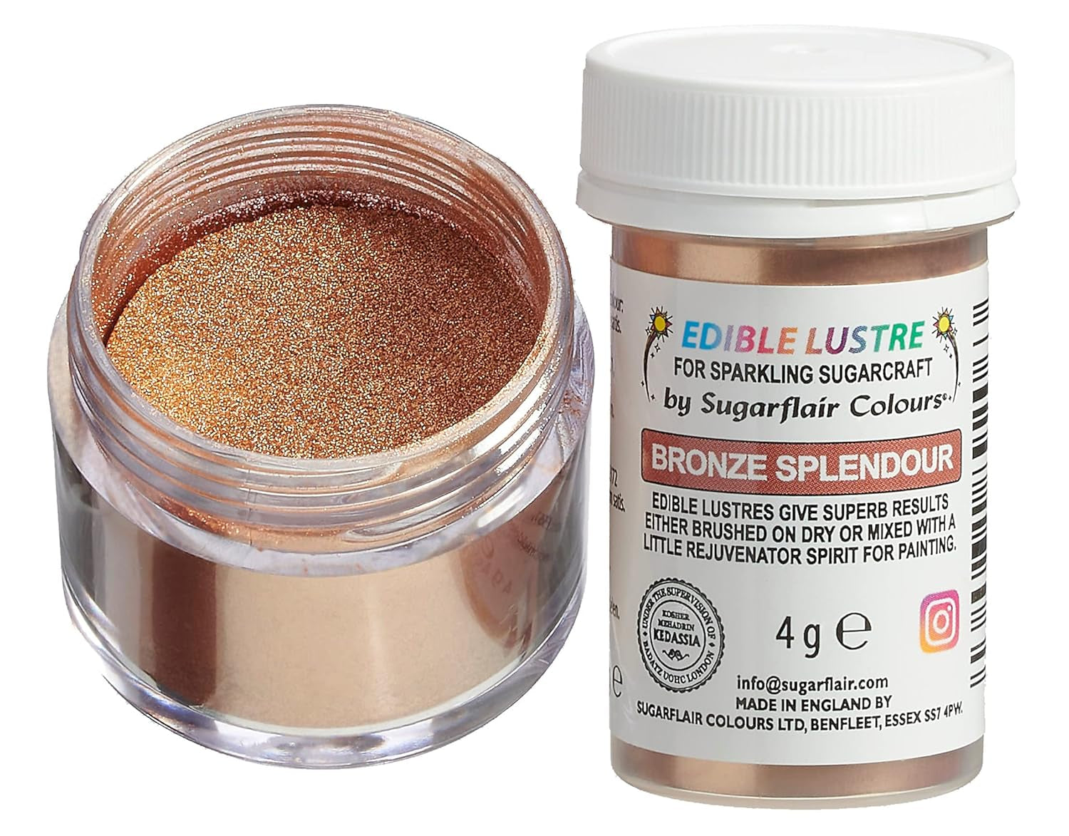 Sugarflair Bronze Splendor spiselig madfarve - spiseligt skinnende pulver til kager, muffins, chokolade, kager, desserter, is, drikkevarer, cocktails og mere - 4g